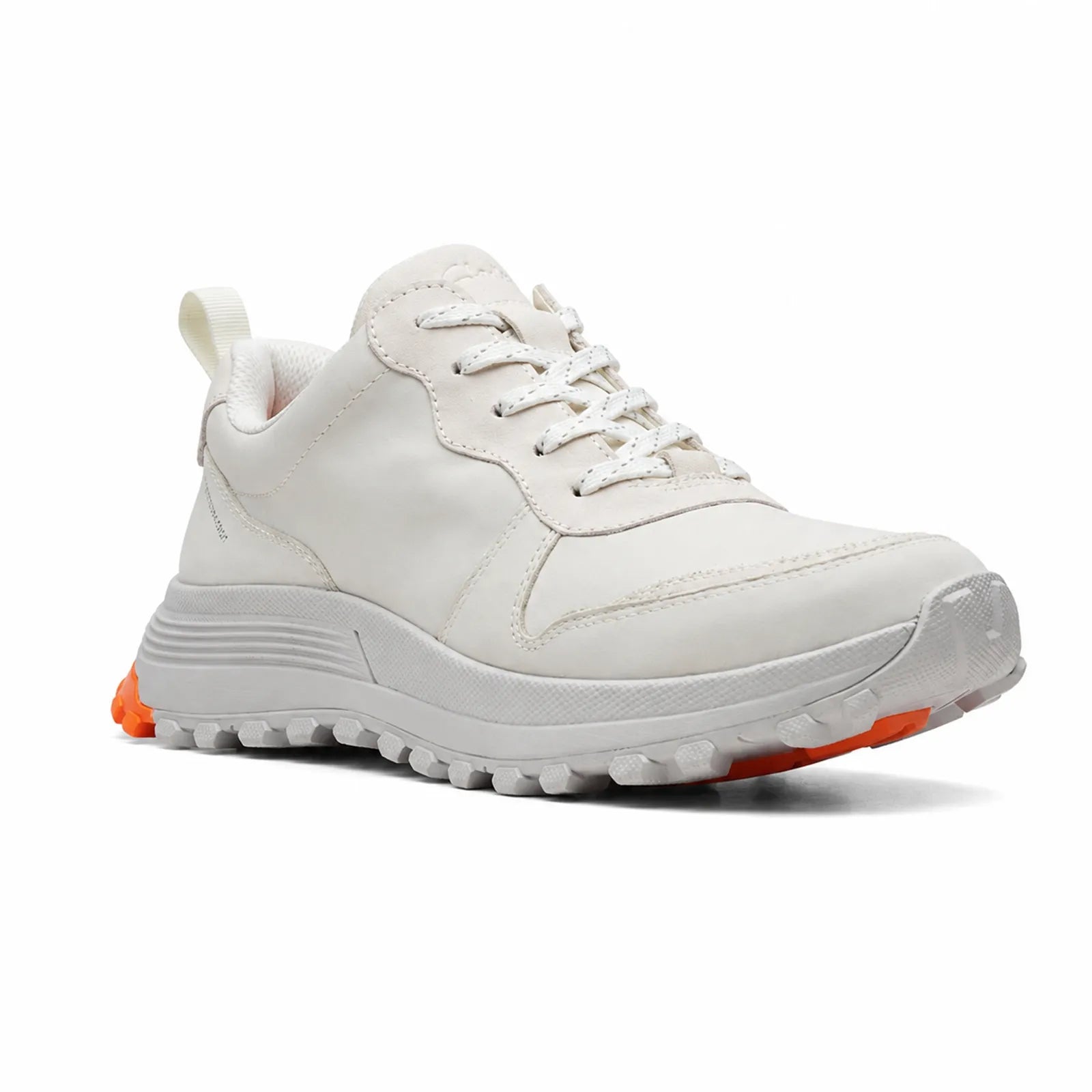 Women's white casual sneaker with lace-up front and cushioned tread sole