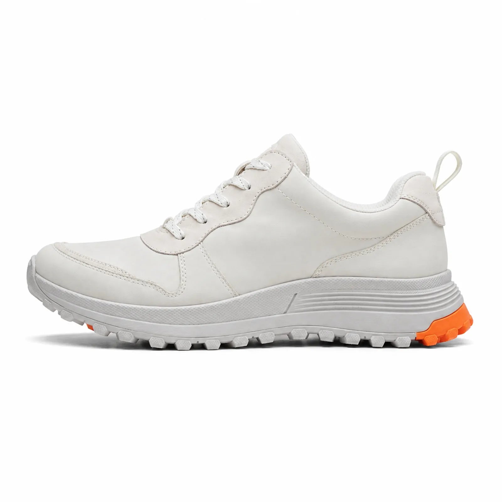 Women's white lace-up sneaker with chunky gray sole and orange outsole tip