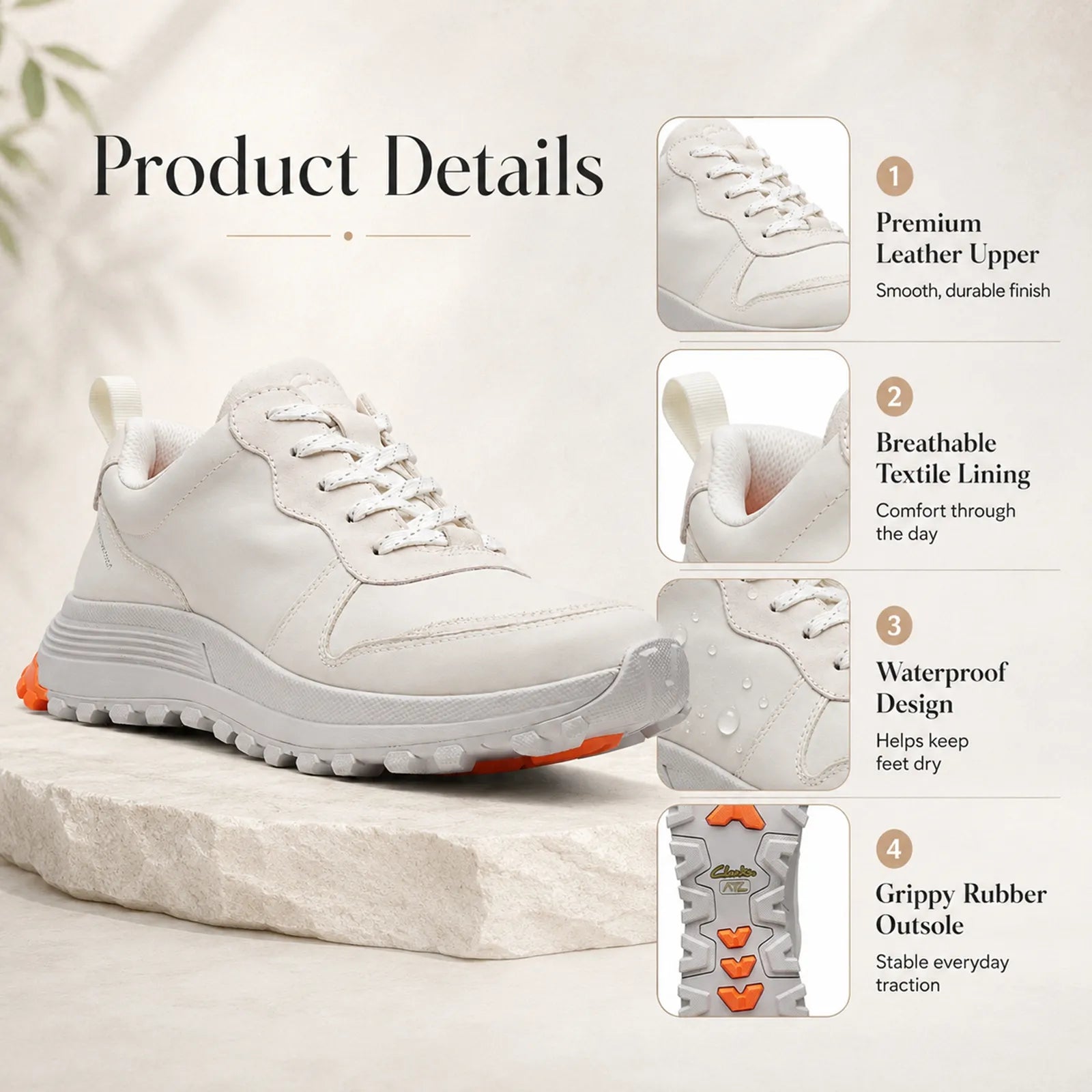 Women's white lace-up sneaker with water-speckled finish and orange outsole grips