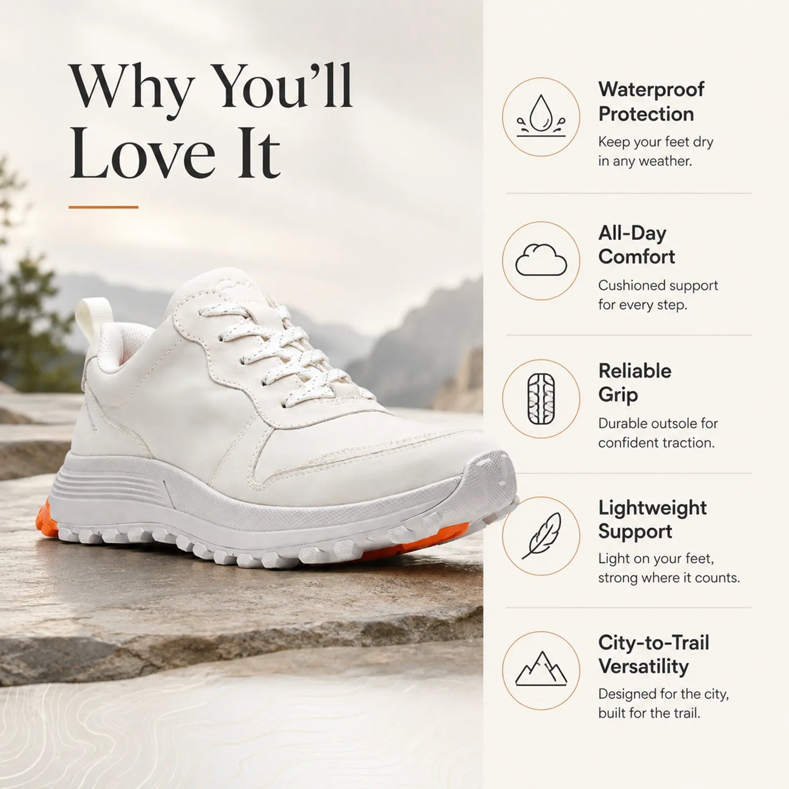 Women's white lace-up sneaker with chunky gray sole and orange outsole detail