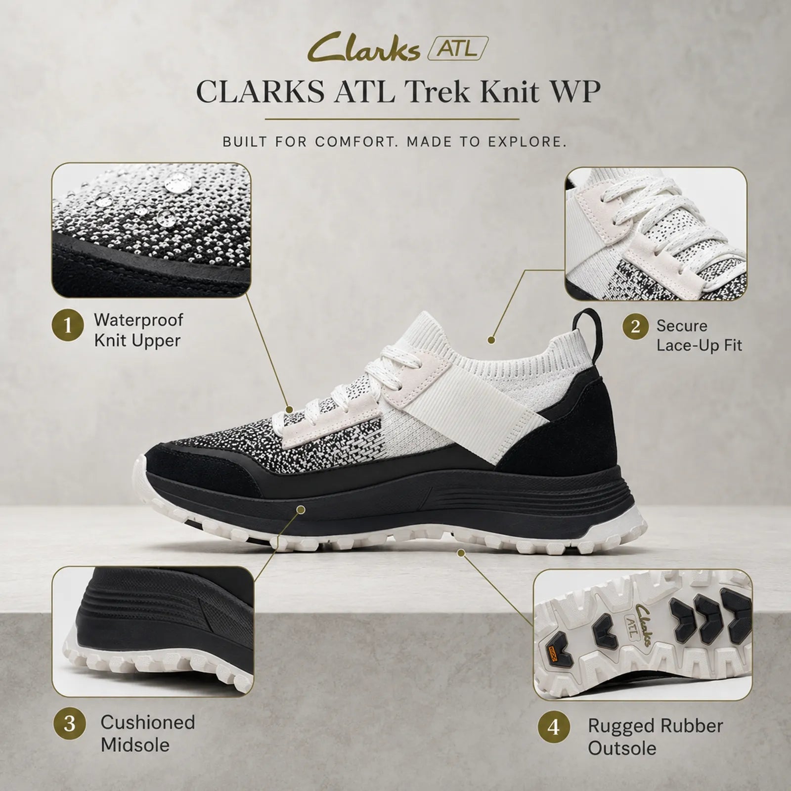 Lace-up knit sneaker with cushioned midsole and rugged rubber outsole, white and black