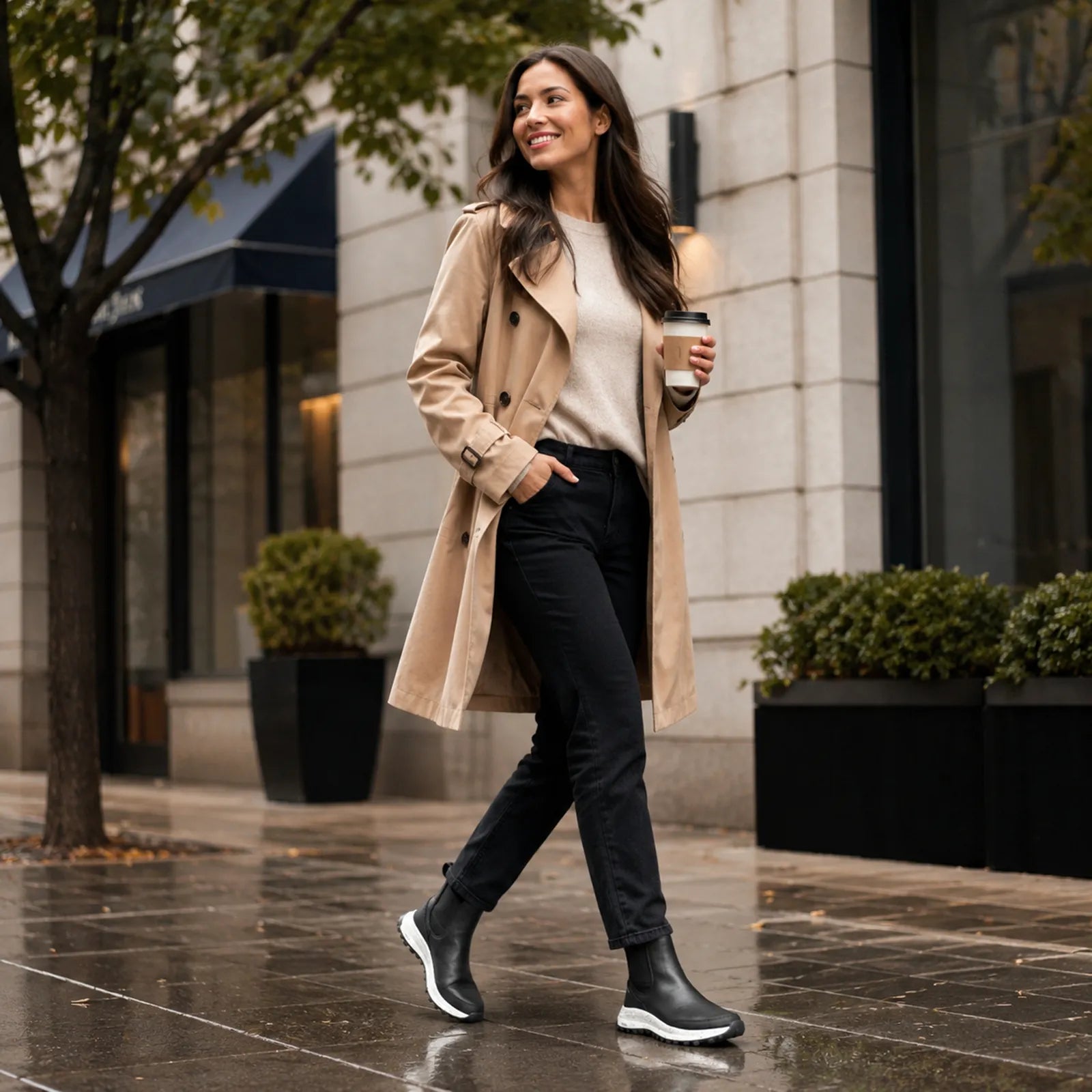 Black leather ankle boots with elastic side panels and chunky white rubber sole