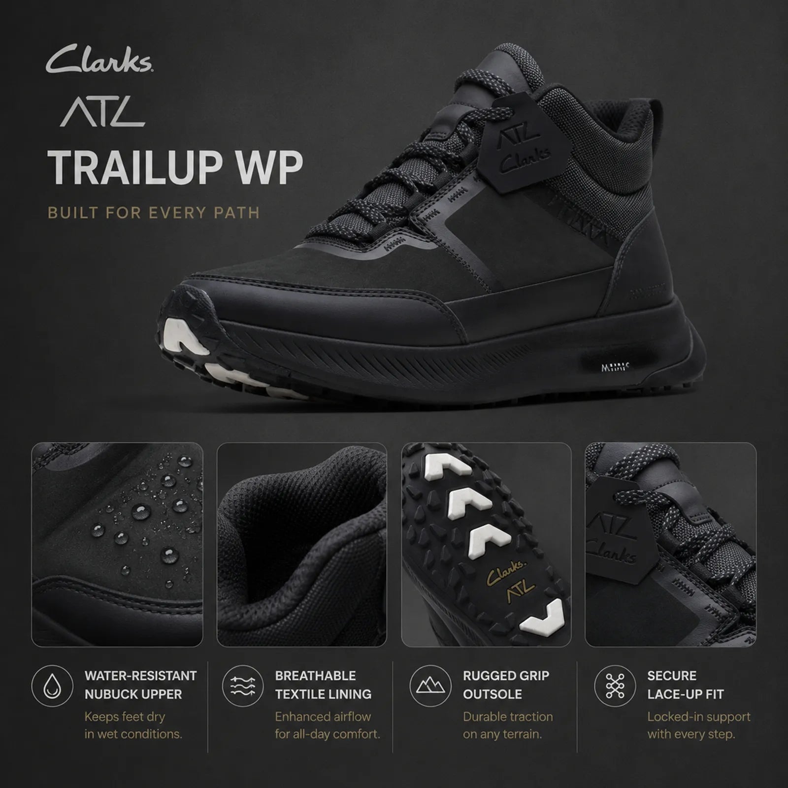 Men's black TrailUp WP waterproof sneaker with logo tag and chunky rubber sole