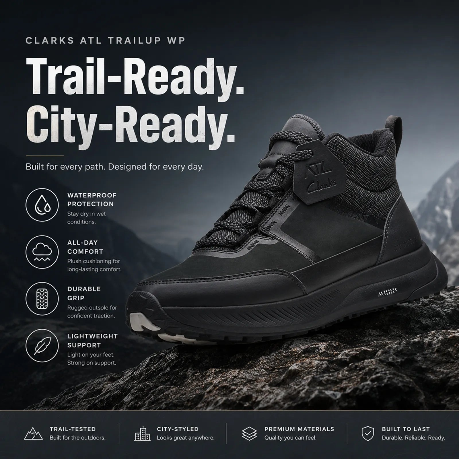 Men's black TrailUp WP sneaker profile with lace-up upper and deep traction tread