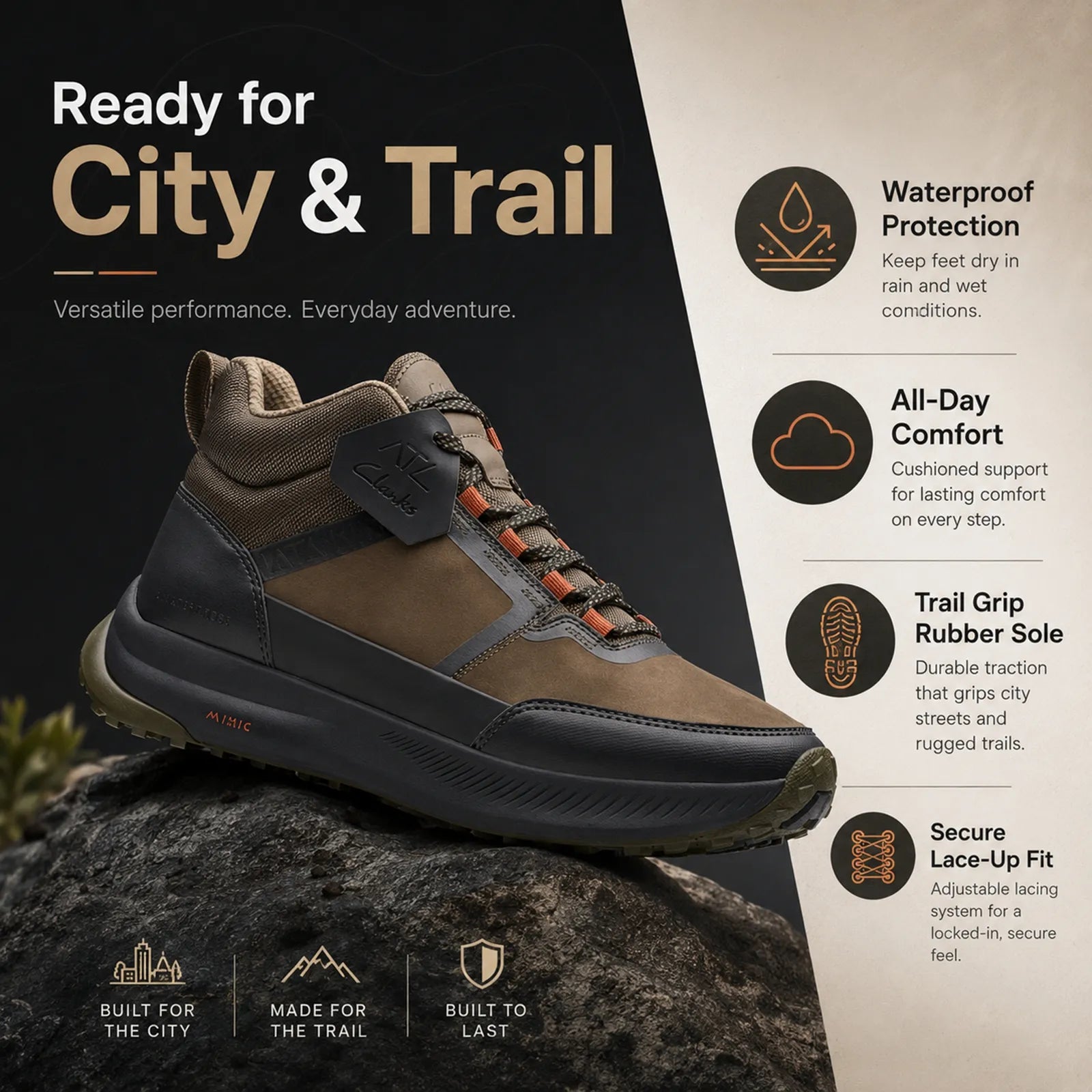 Men's black nubuck waterproof trail sneakers, lace-up with rubber grip sole