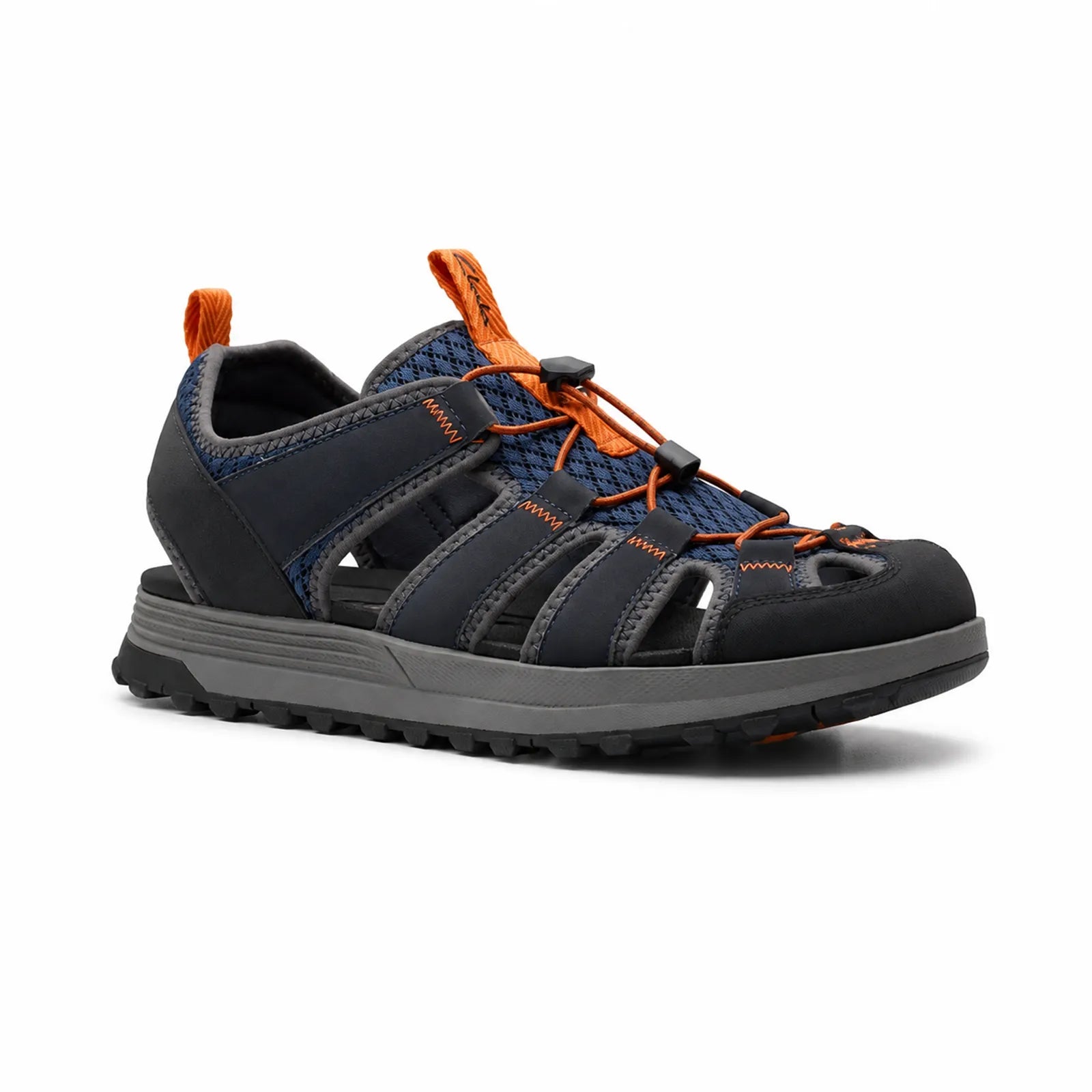 Men's multicolor leather-and-textile casual sandals with lace-up orange accents