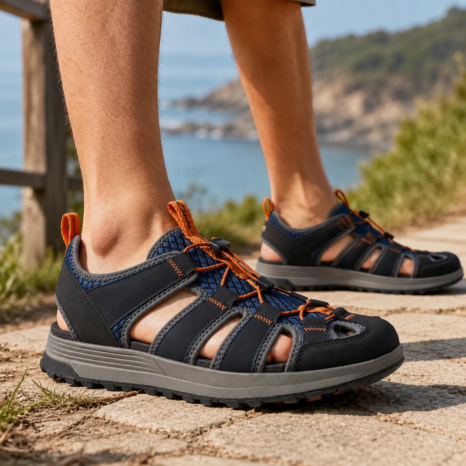 Men's multicolor lace-up sandals with orange laces and padded straps