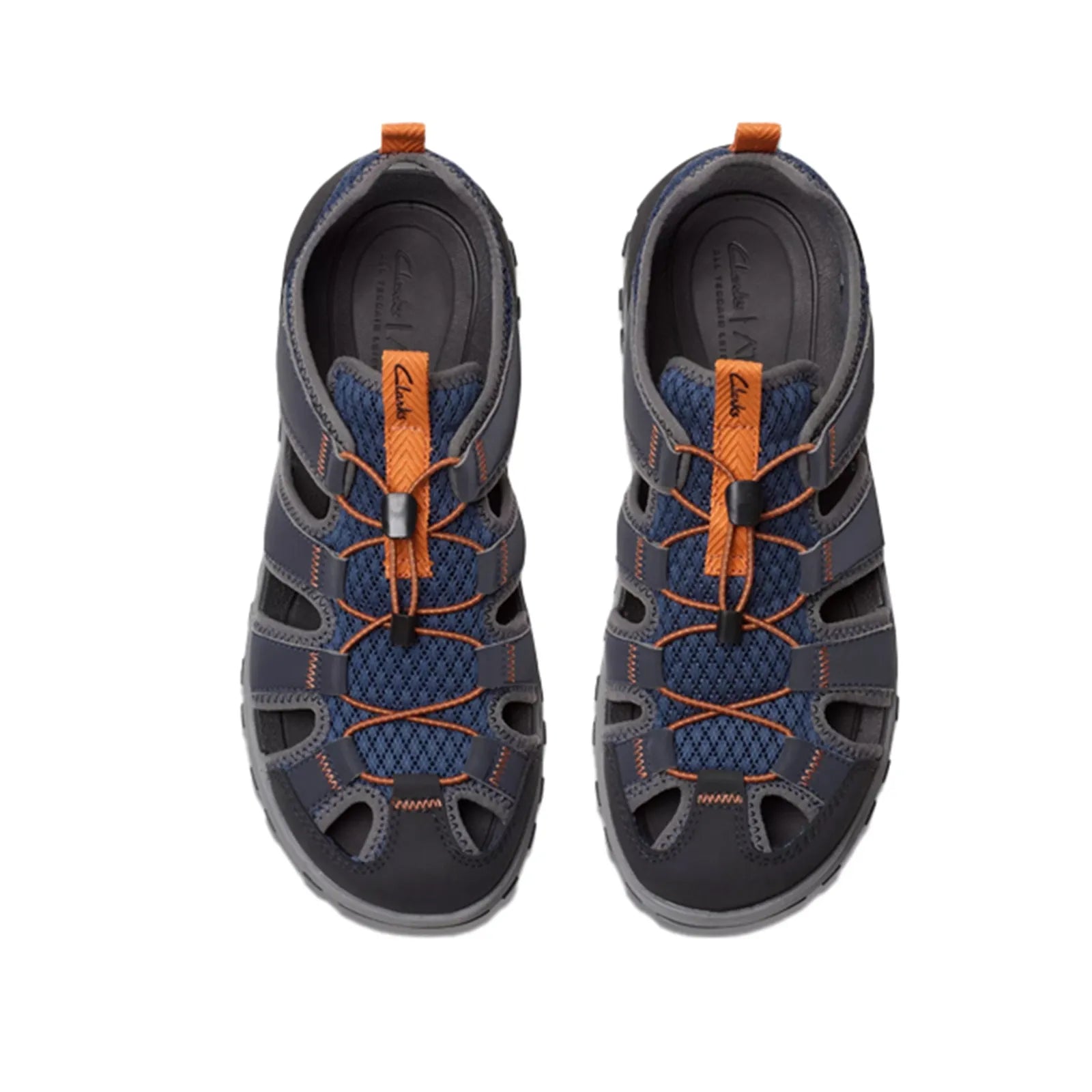 Men's multicolor lace-up sandals, navy uppers with orange laces and toe cutouts