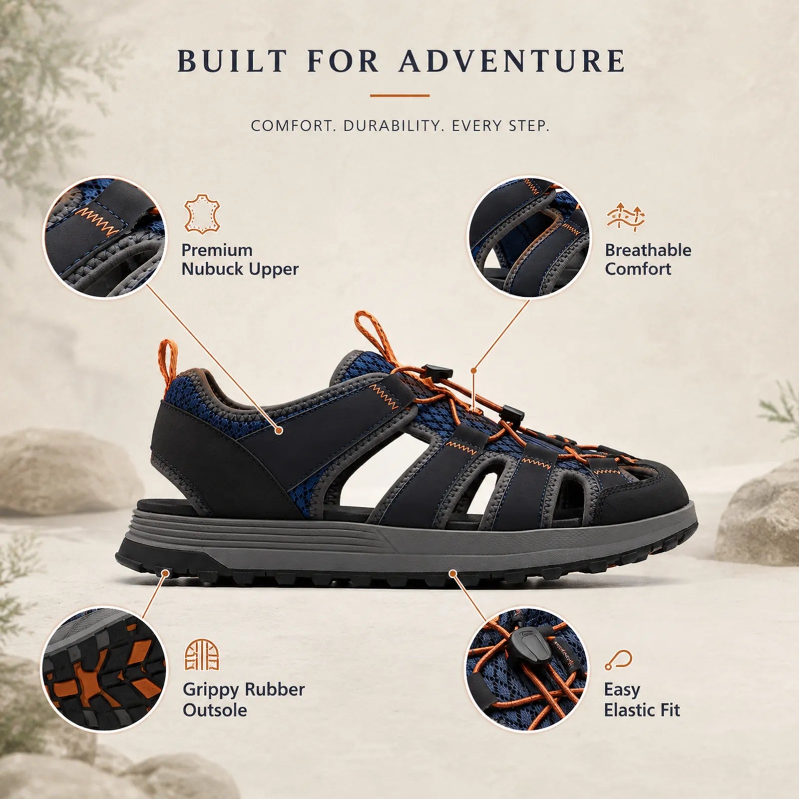 Men's multicolor lace-up casual sandals with orange laces and grippy rubber outsole