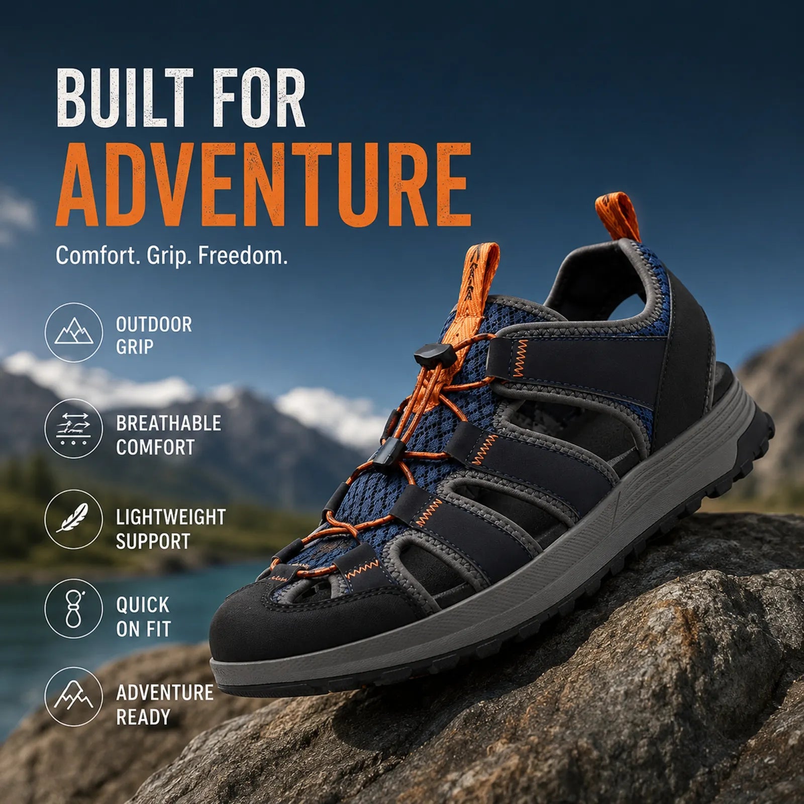 Men's multicolor lace-up casual sandals with cushioned sole and orange lace detail