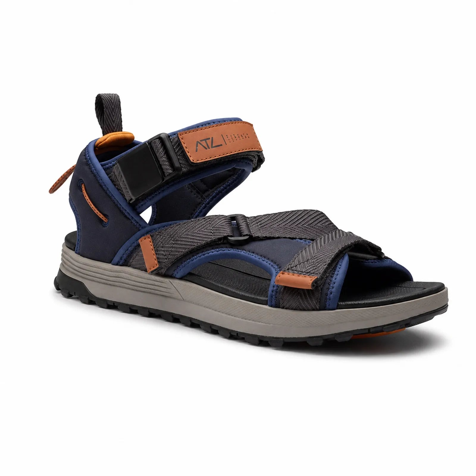 Mens leather and textile sandals with navy straps, orange accents, and sport rubber sole