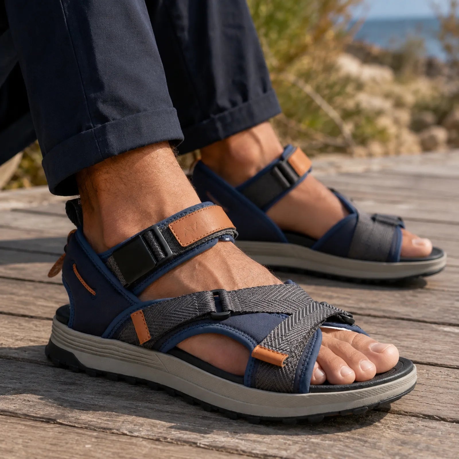 Close-up of mens navy sandals with two adjustable hook-and-loop straps and orange tabs