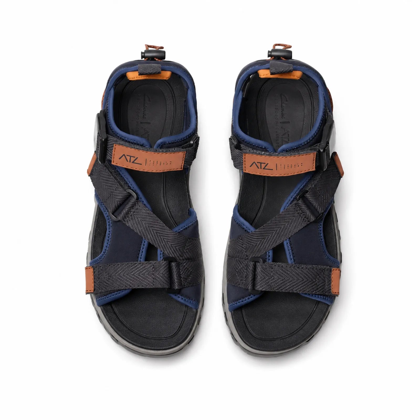 Pair of navy combi mens sandals with black ankle strap and ATL logo label
