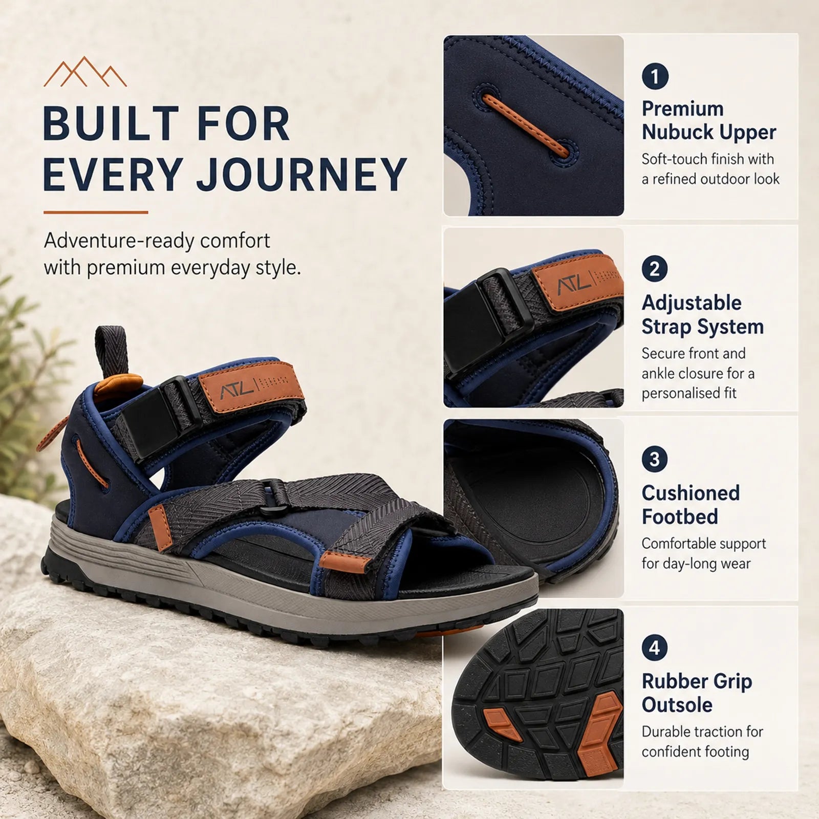 Mens navy combi trekking sandals with textured upper, adjustable strap, and grippy sole