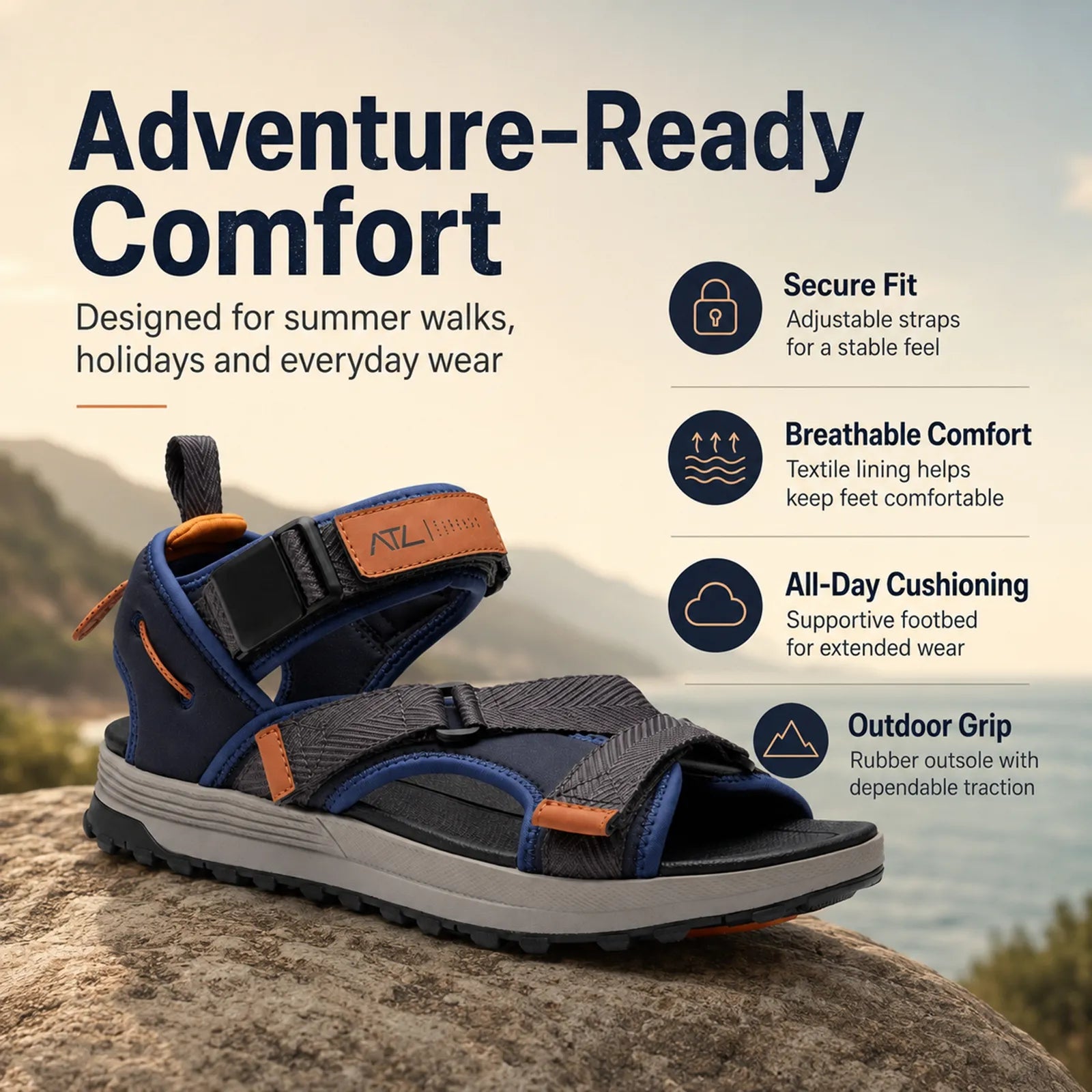 Mens navy combi sandals with cushioned footbed and adjustable straps for outdoor comfort