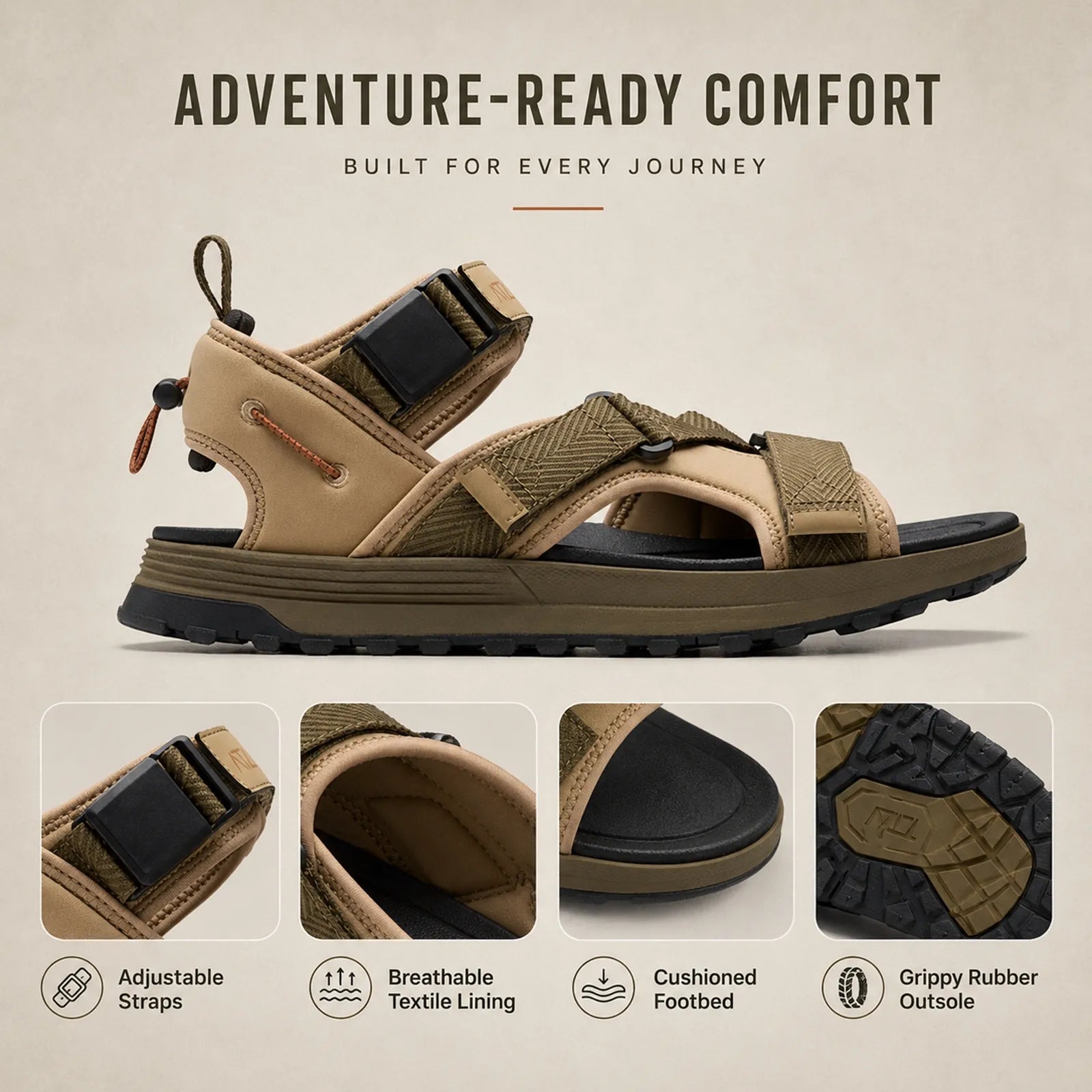 Men's leather and textile sandals, beige with navy straps, adjustable hook-and-loop