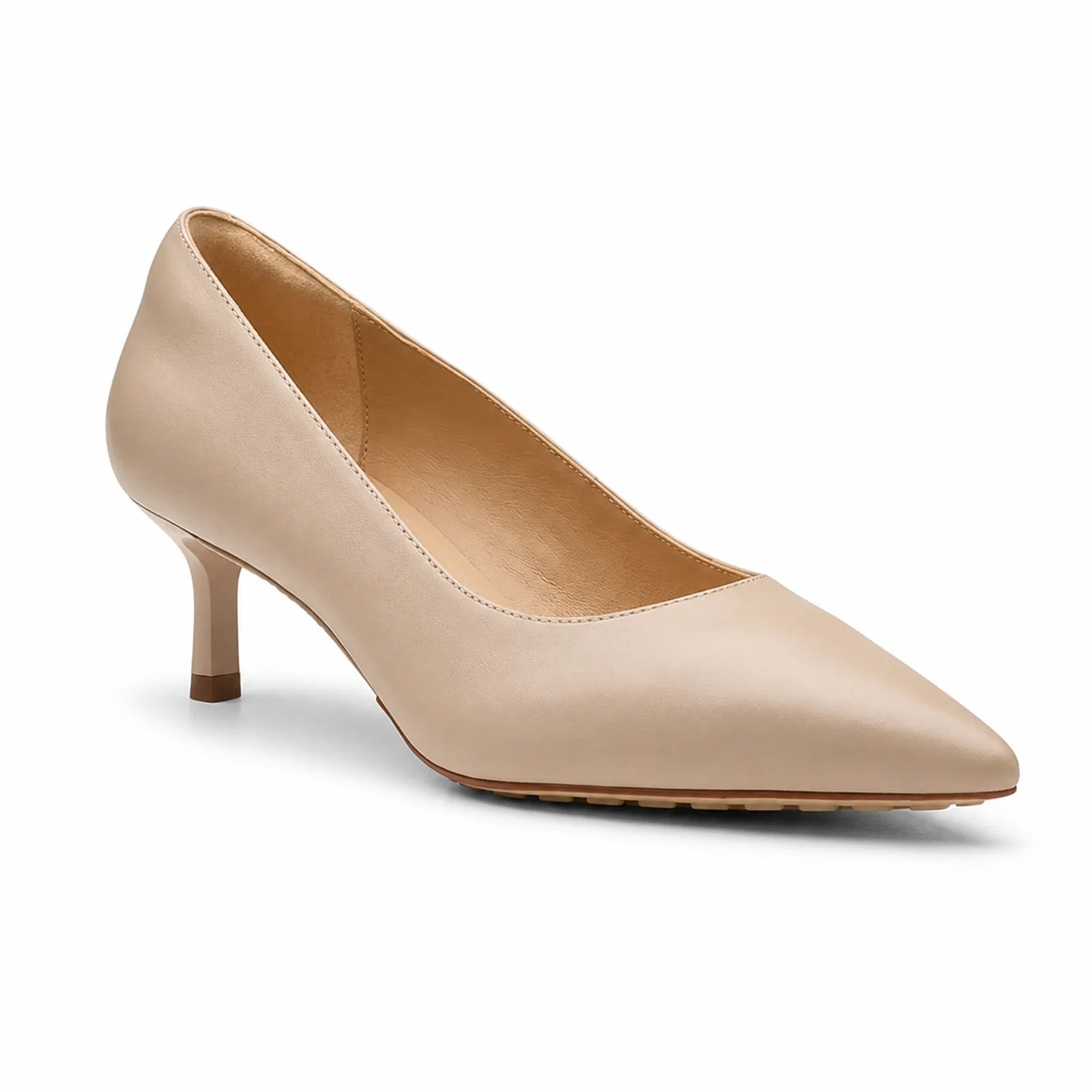 Women's beige pointed-toe leather pump heels with mid heel