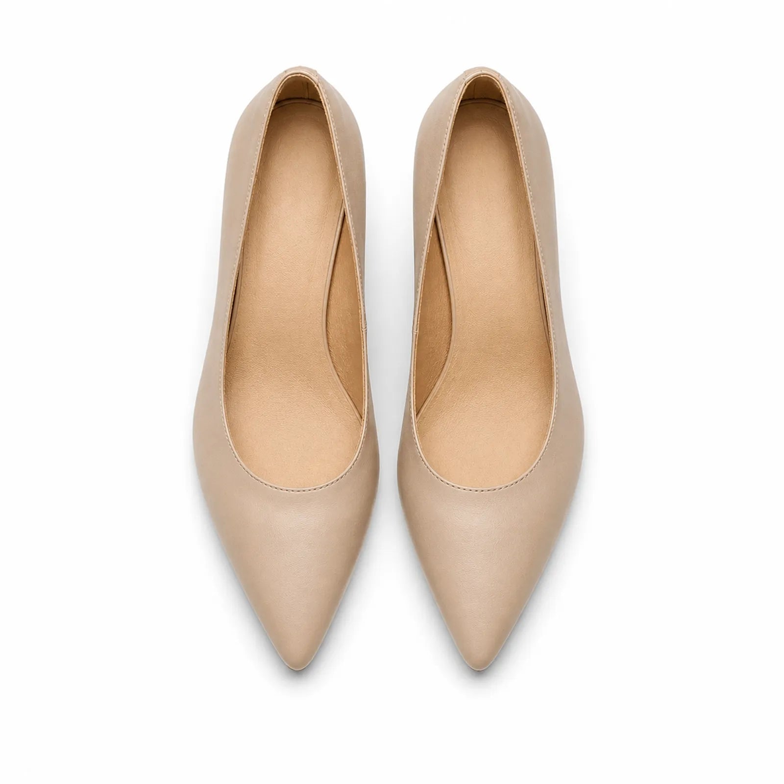 Women's beige pointed-toe leather pumps with smooth upper, pair view