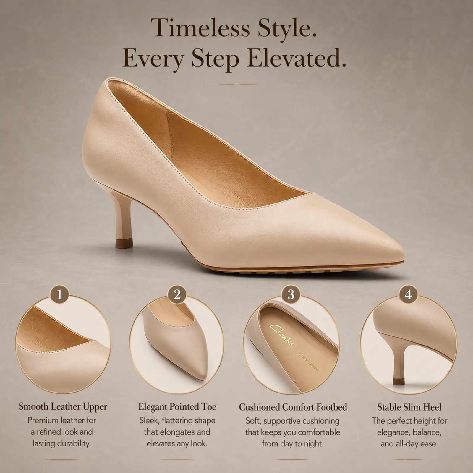 Women¡¯s beige pointed-toe slip-on heels with slim mid heel and smooth upper
