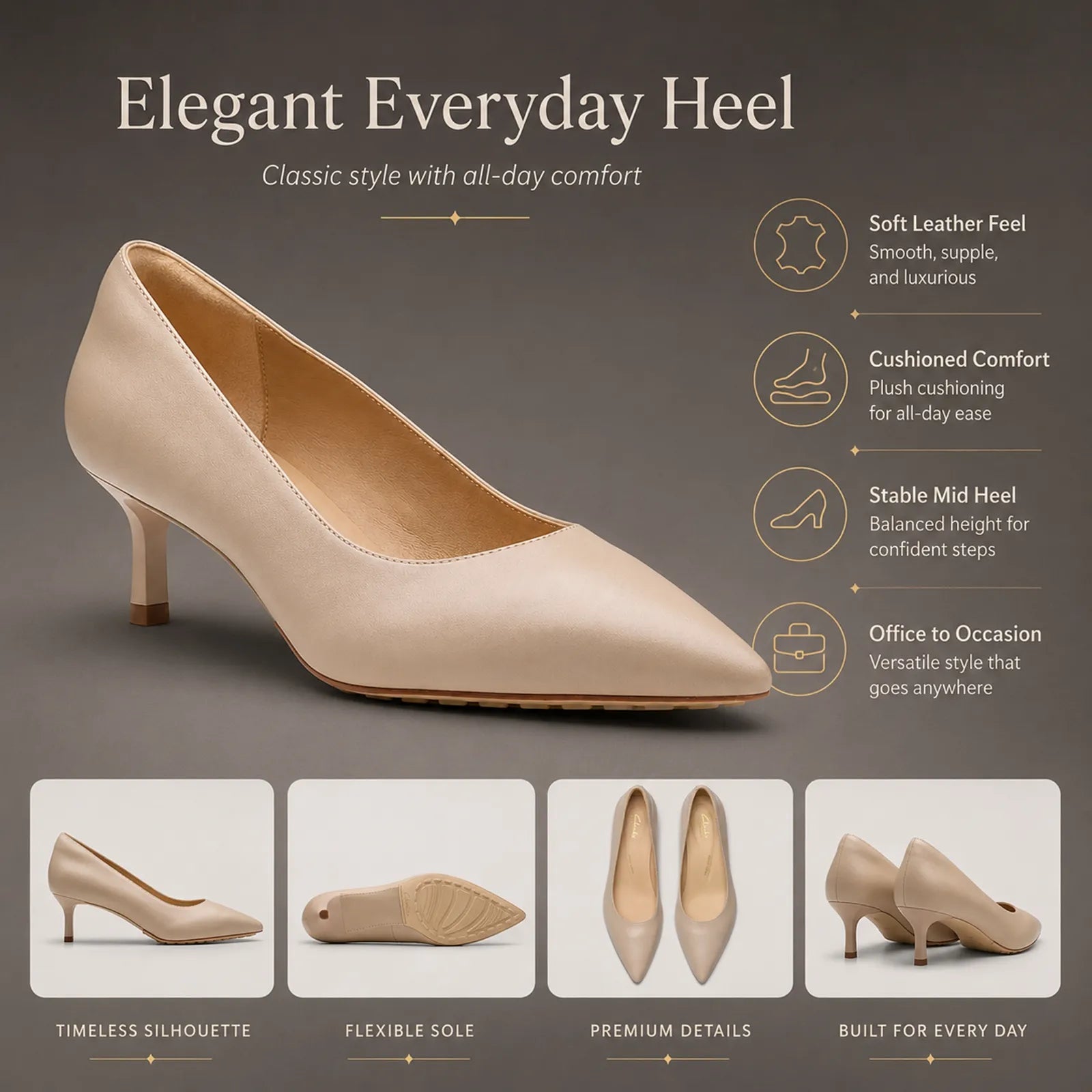 Women¡¯s beige pointed-toe slip-on heels, side view, slim mid heel and smooth upper