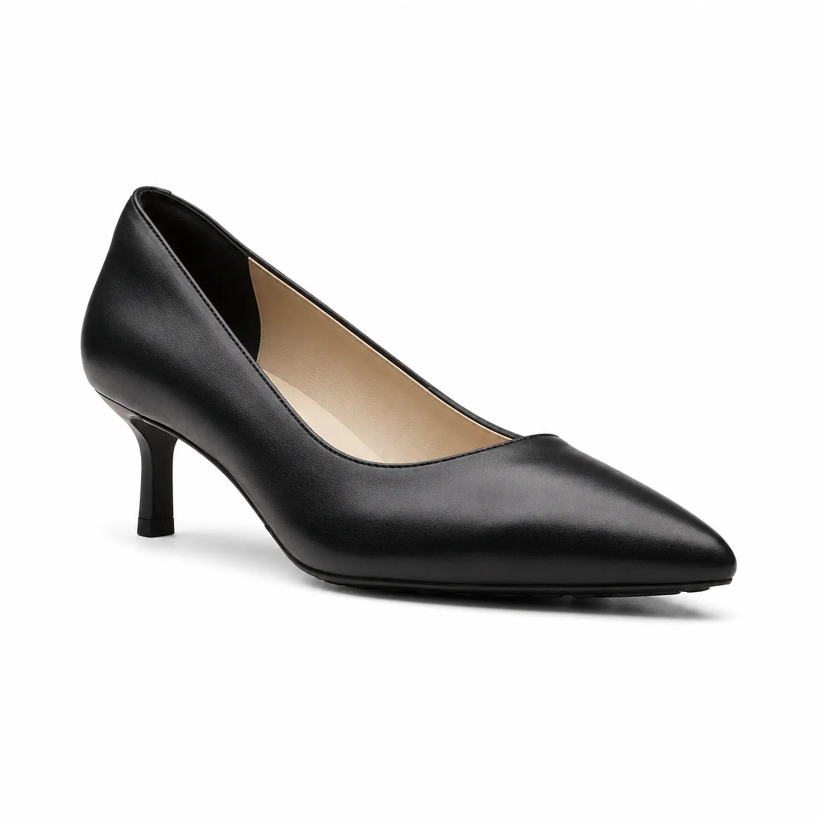 Women's black pointed-toe leather pump heels with mid heel and curved vamp