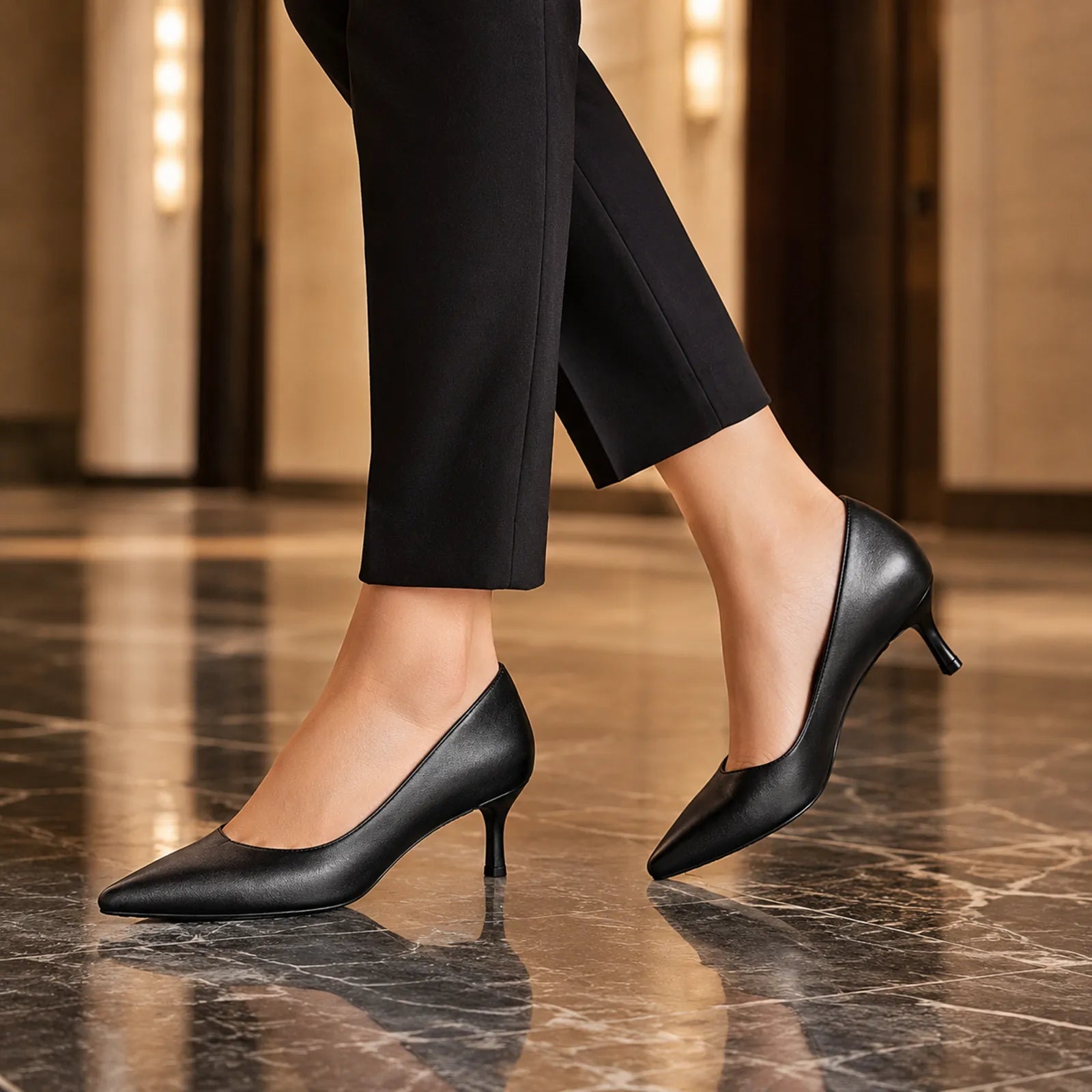 Women's black pointed-toe leather pumps with slim heel