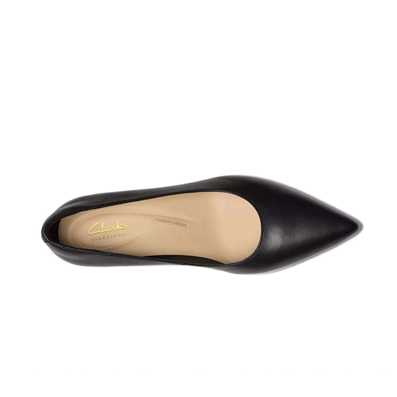 Women's black leather pointed-toe pump with beige insole