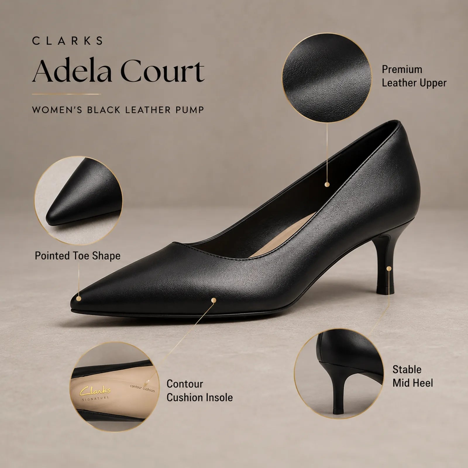 Women's black pointed-toe leather pump heels with stable mid heel
