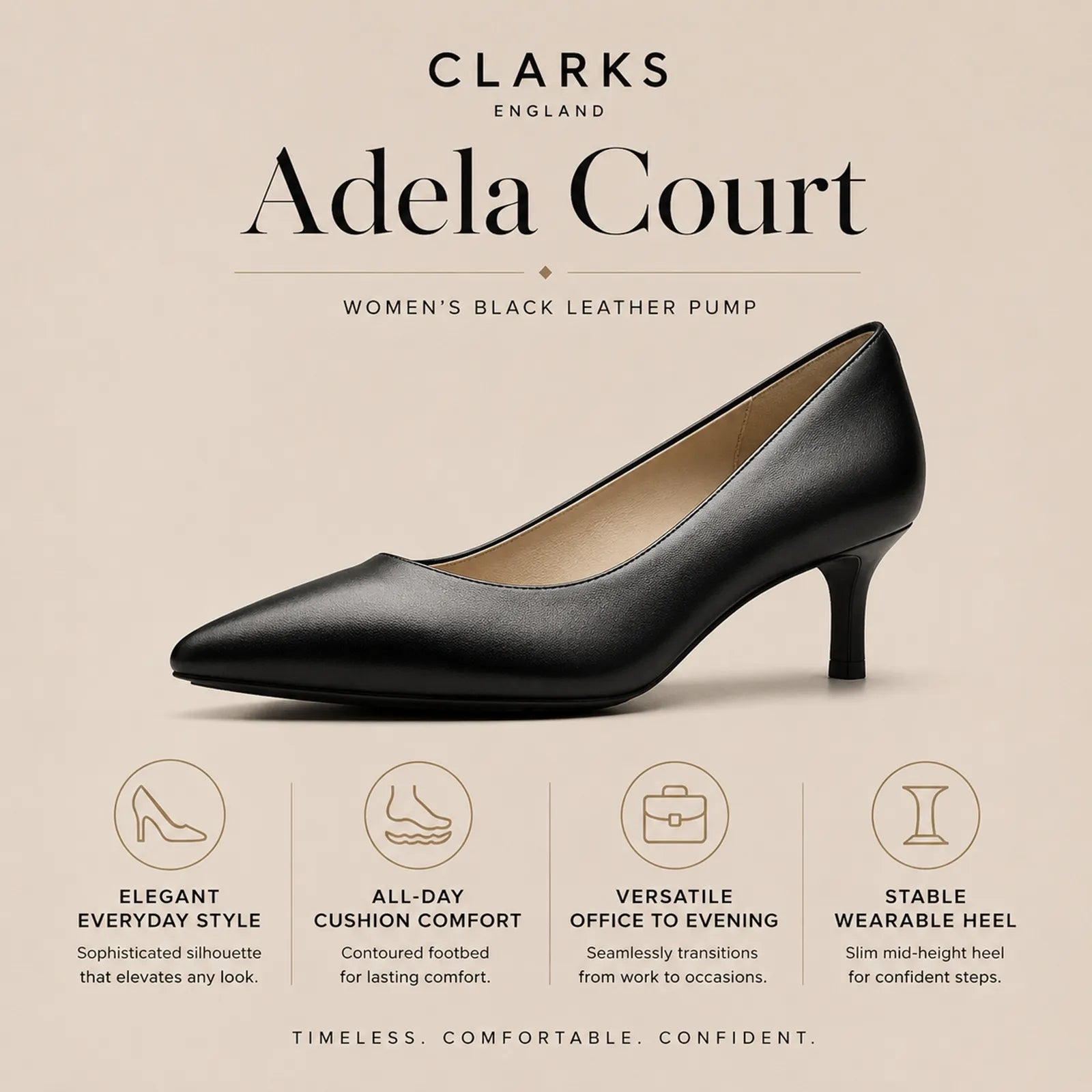 Women's black pointed-toe leather pump with medium heel and smooth finish