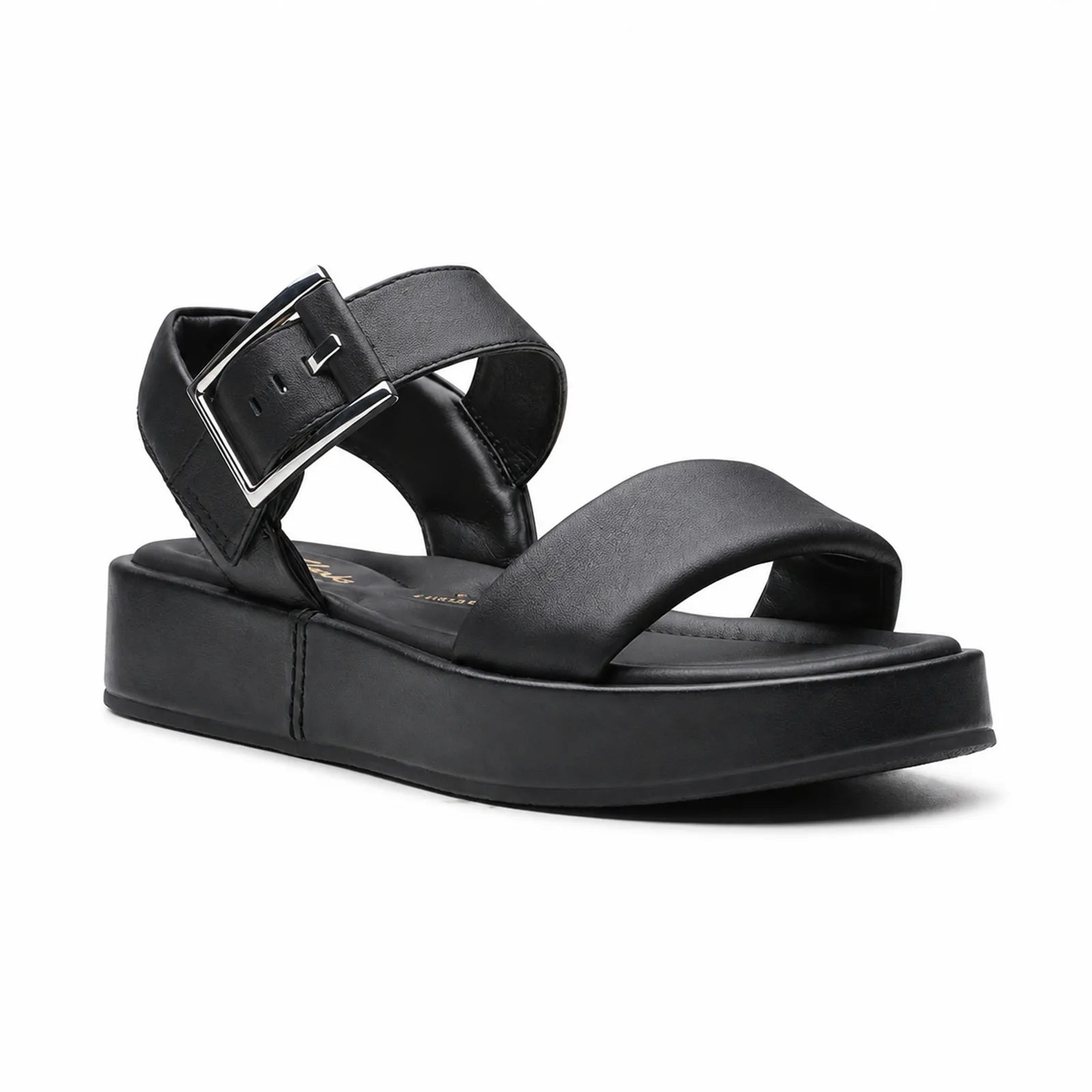 Black leather platform sandals with adjustable buckle strap and open toe