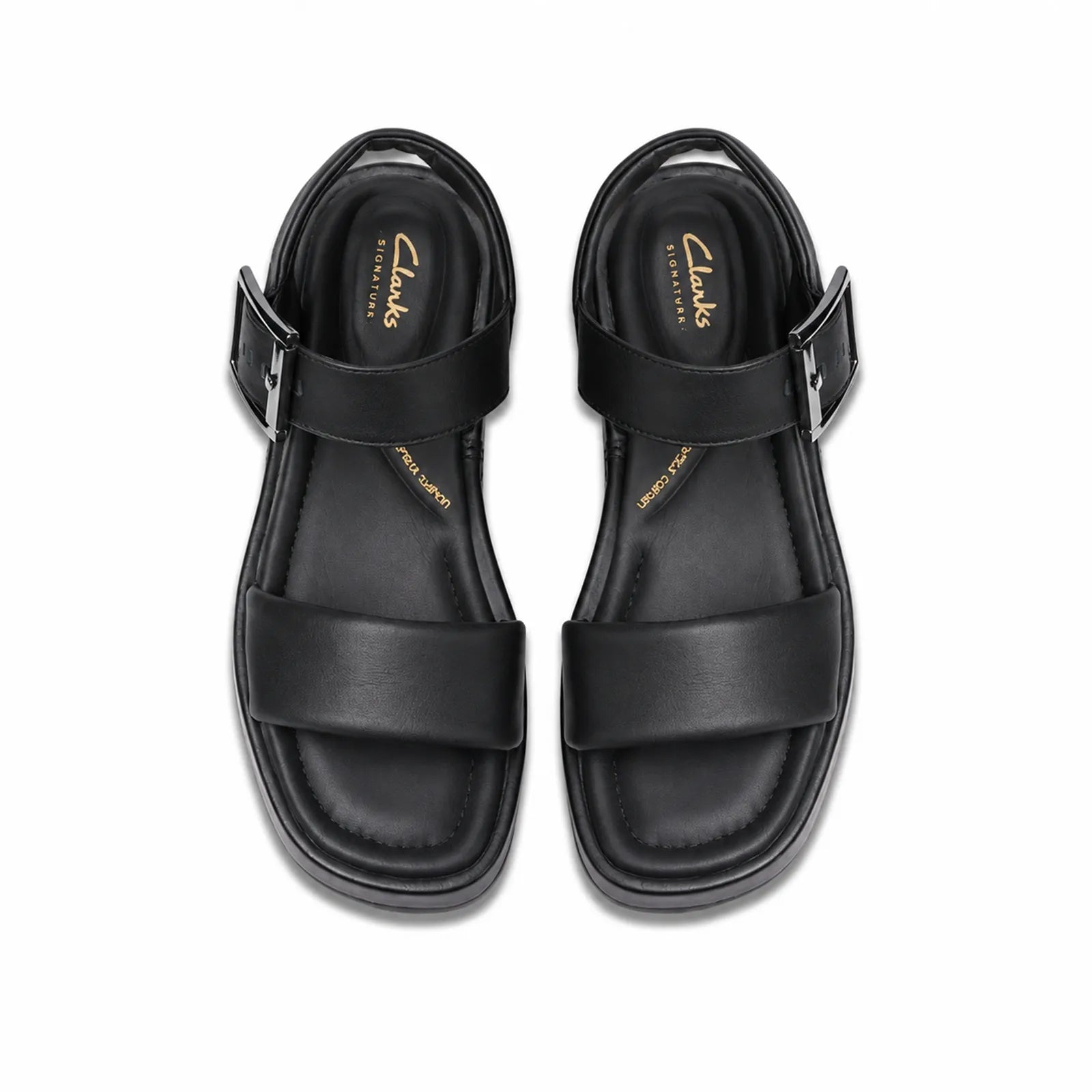 Black leather platform sandals with adjustable buckle straps, pair front view