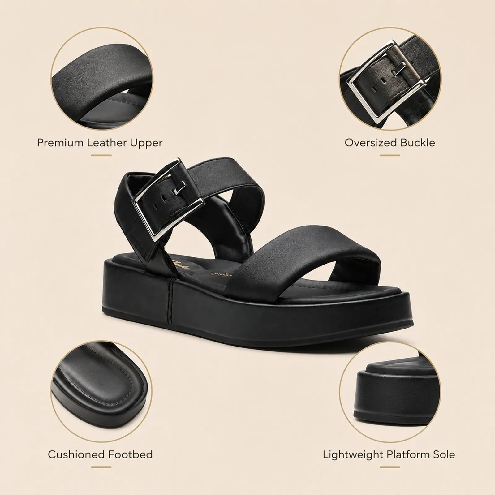 Black leather platform sandals with oversized buckle, cushioned footbed, open toe