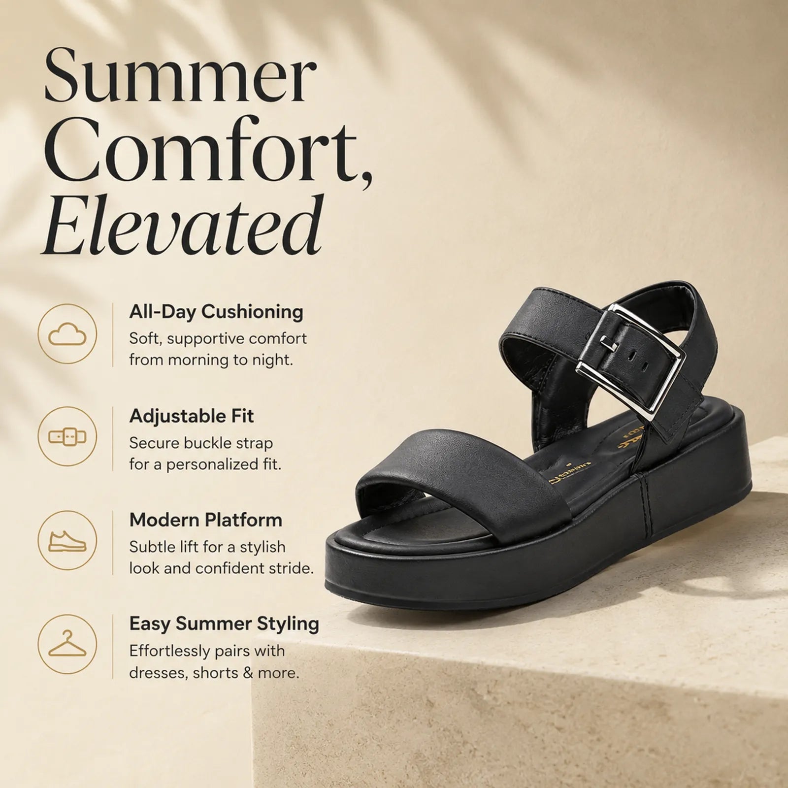 Women’s leather strap sandals with buckle and platform sole, dark color.