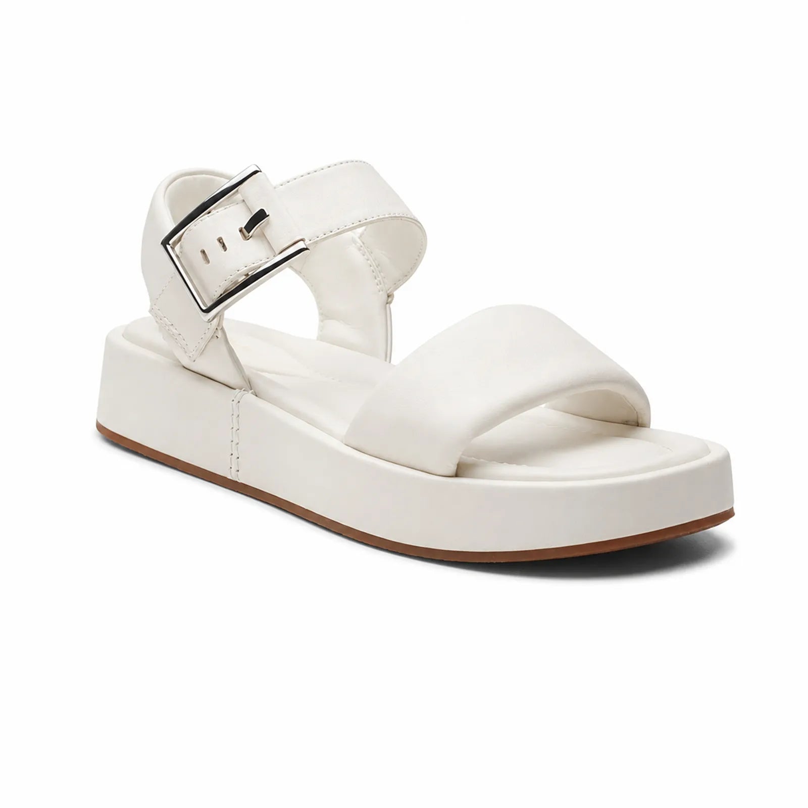Cream white leather sandals with buckle strap and platform sole.
