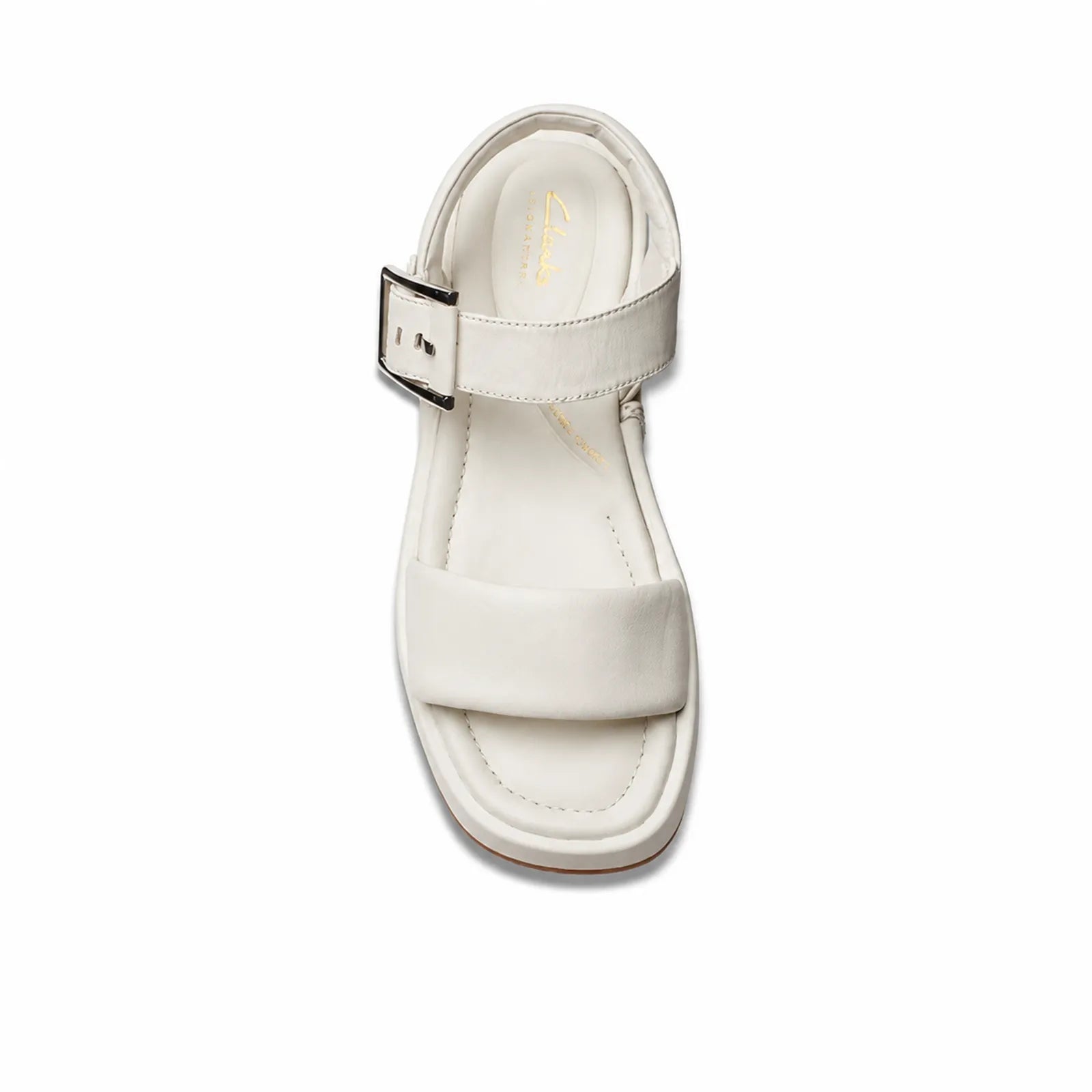 Cream white leather platform sandals with adjustable buckle strap, front view
