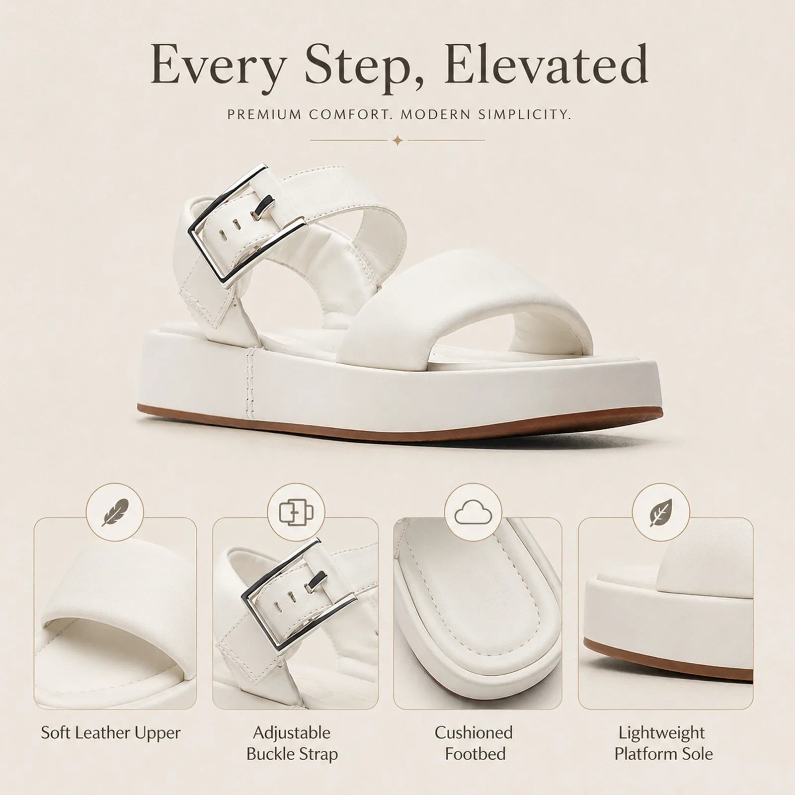 Cream white leather platform sandals with adjustable buckle strap and cushioned footbed