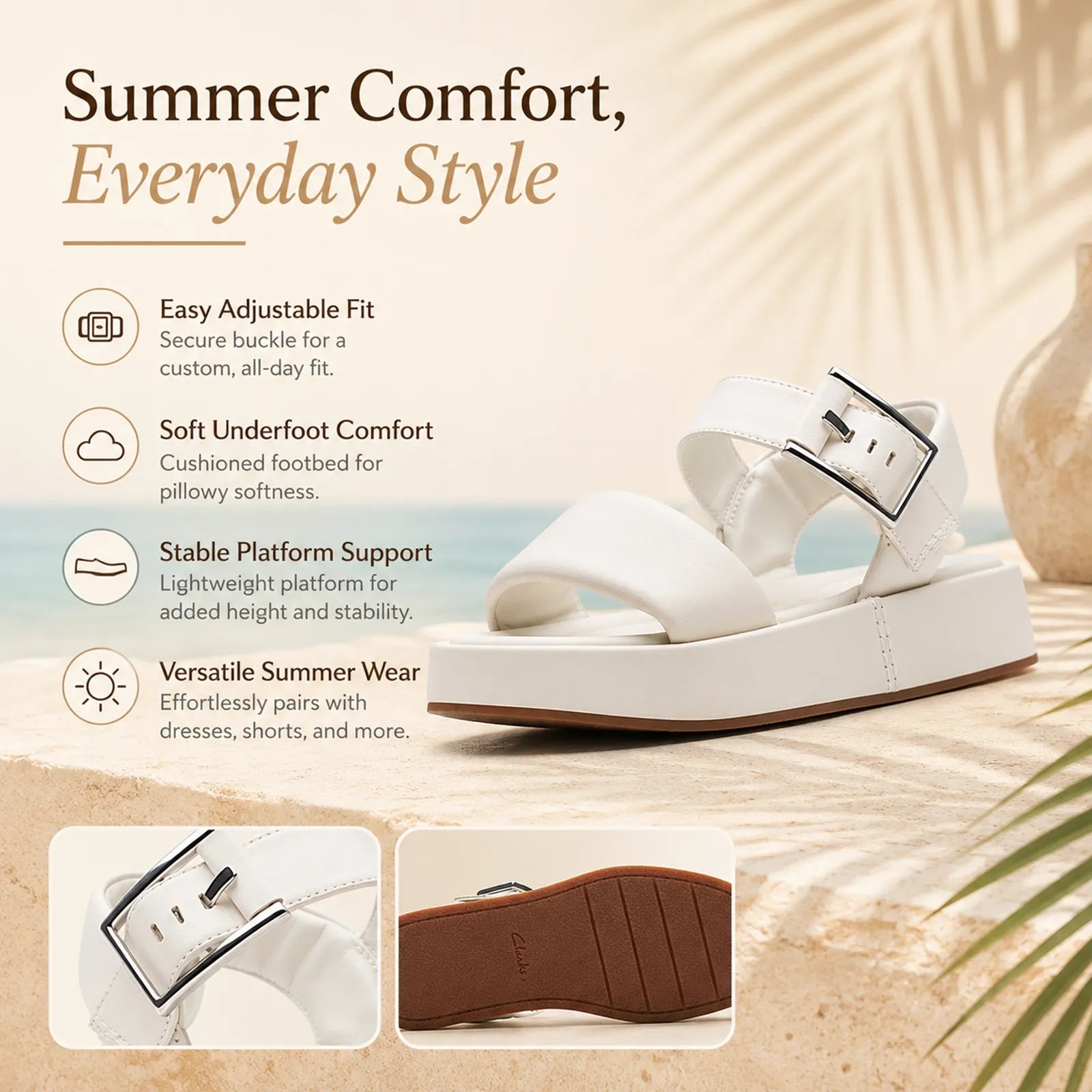 Cream white leather platform sandals with buckled strap and stable platform support