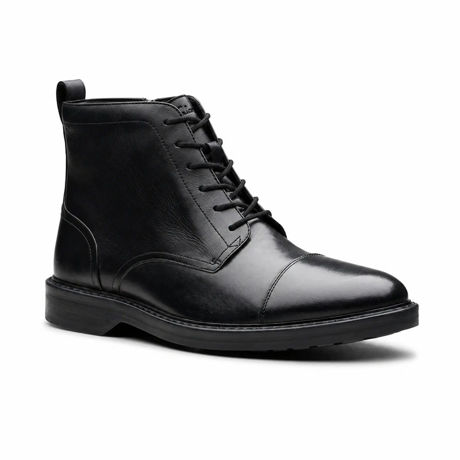 Men's black leather lace-up ankle boots with padded collar and rubber sole