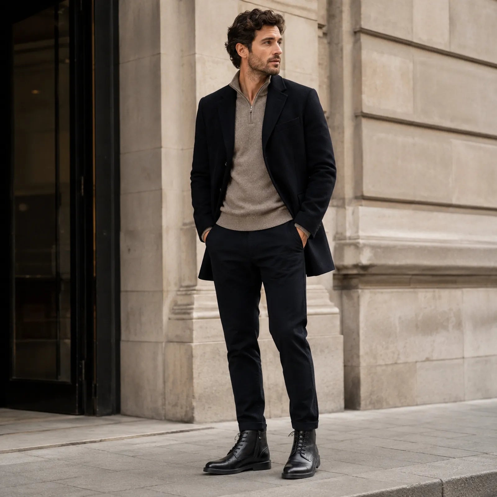 Men's black leather ankle boots with lace-up front and sturdy rubber sole