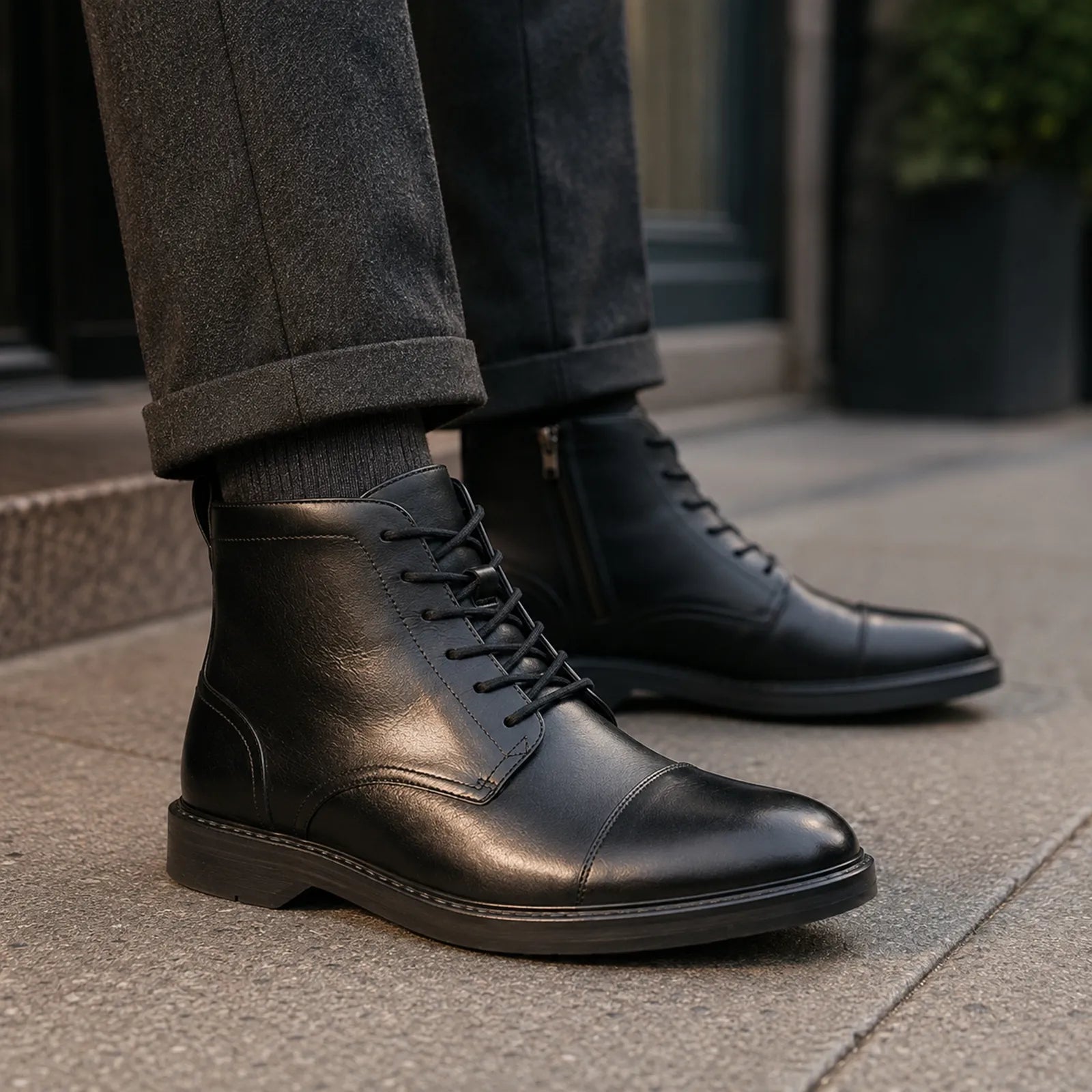 Black leather lace-up ankle boots with stitched panels and textured rubber outsole