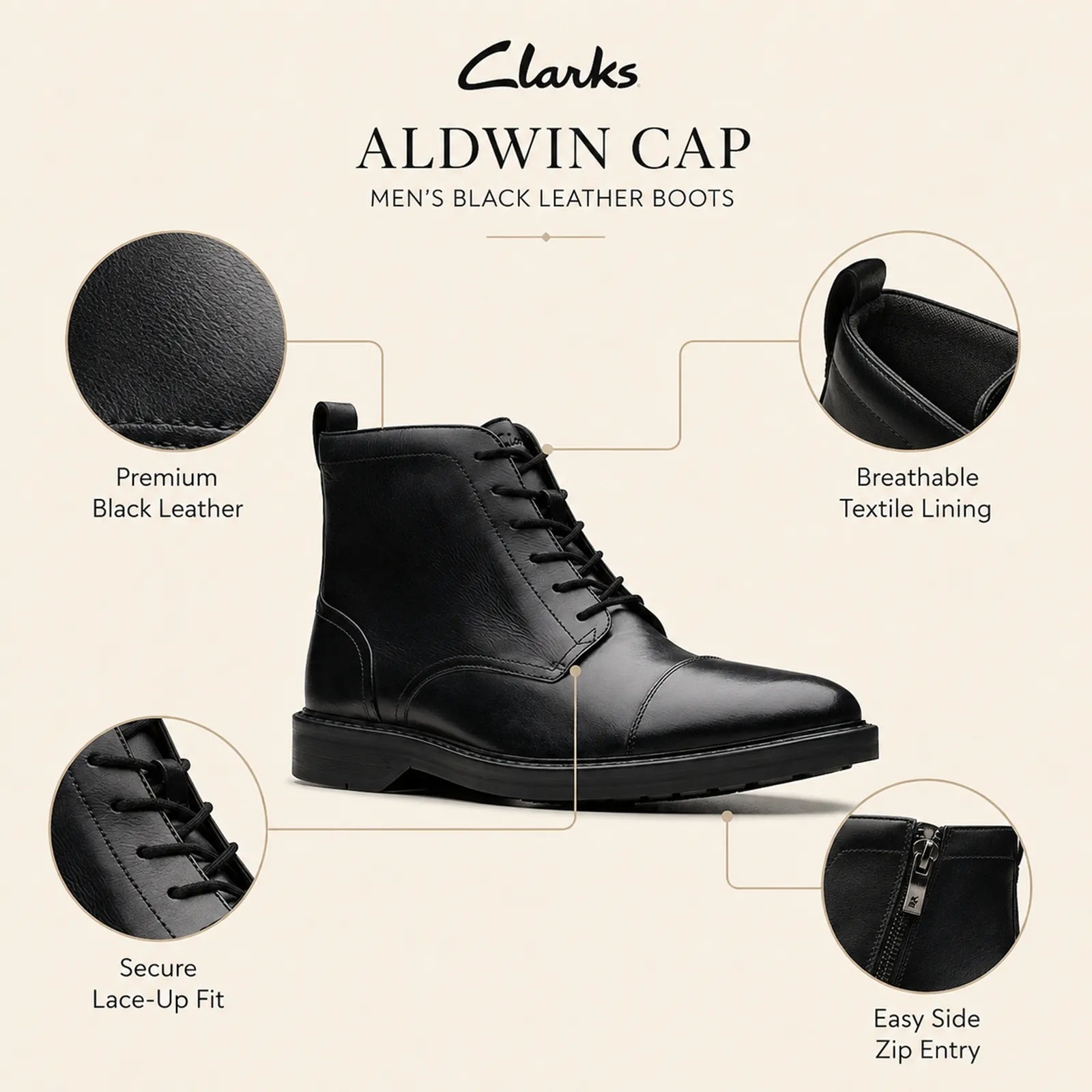 Black leather lace-up boots with side zip entry and breathable textile lining
