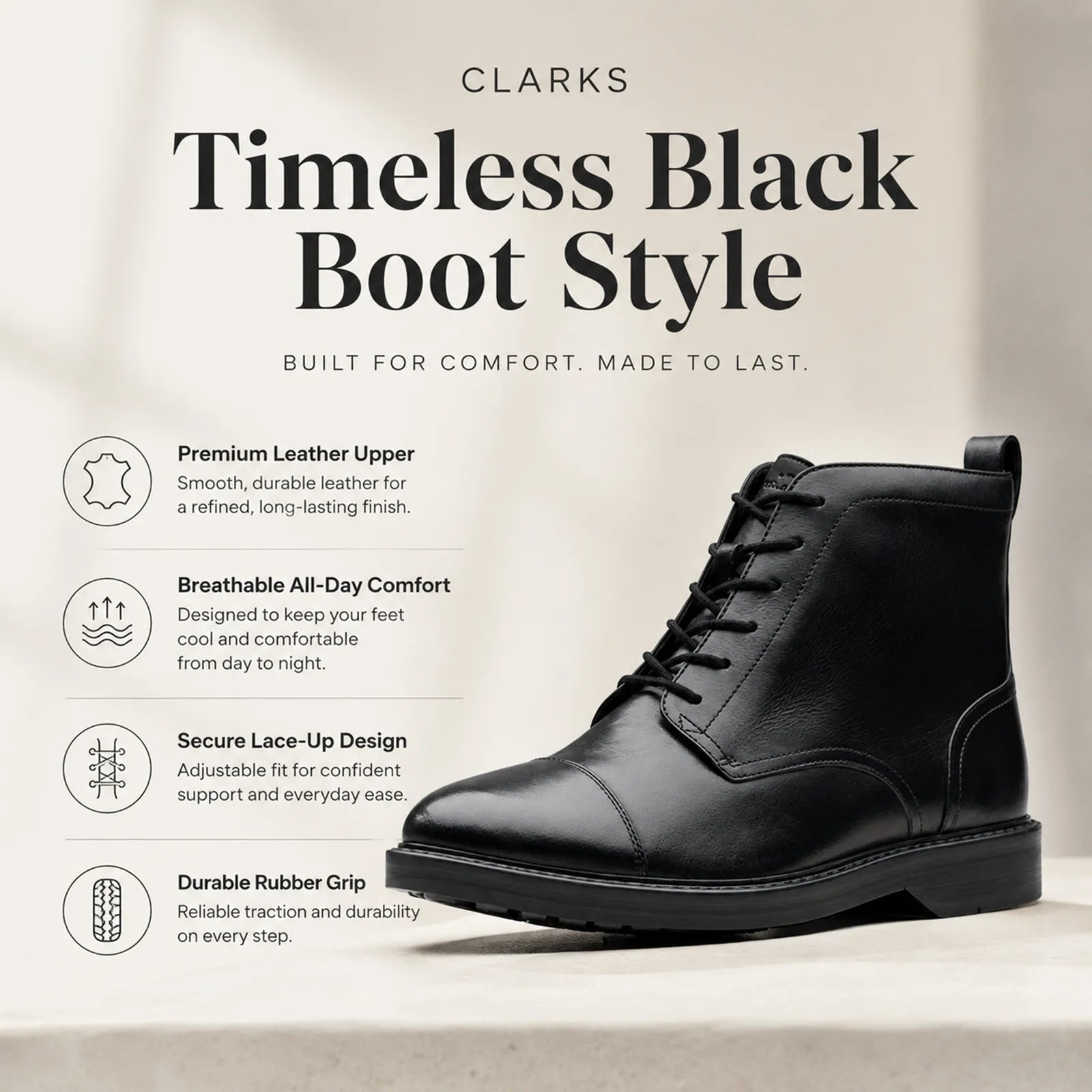 Men's black leather lace-up boots with durable rubber grip sole and breathable comfort