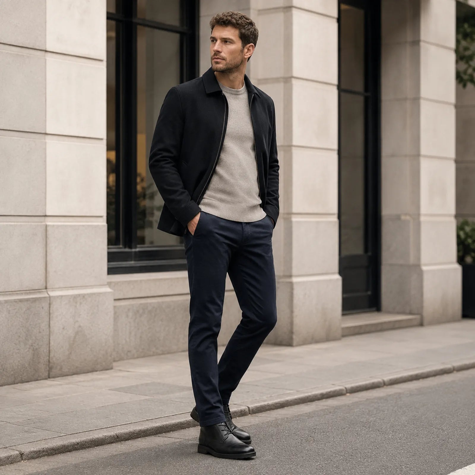 Men's black leather chukka boots on feet, lace-up design with cuff