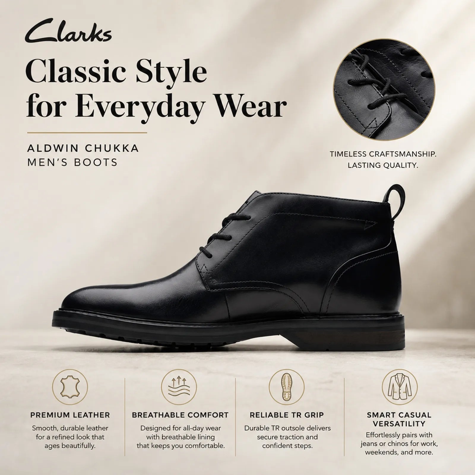 Men's black leather chukka boots, side view with lace-up and low sole
