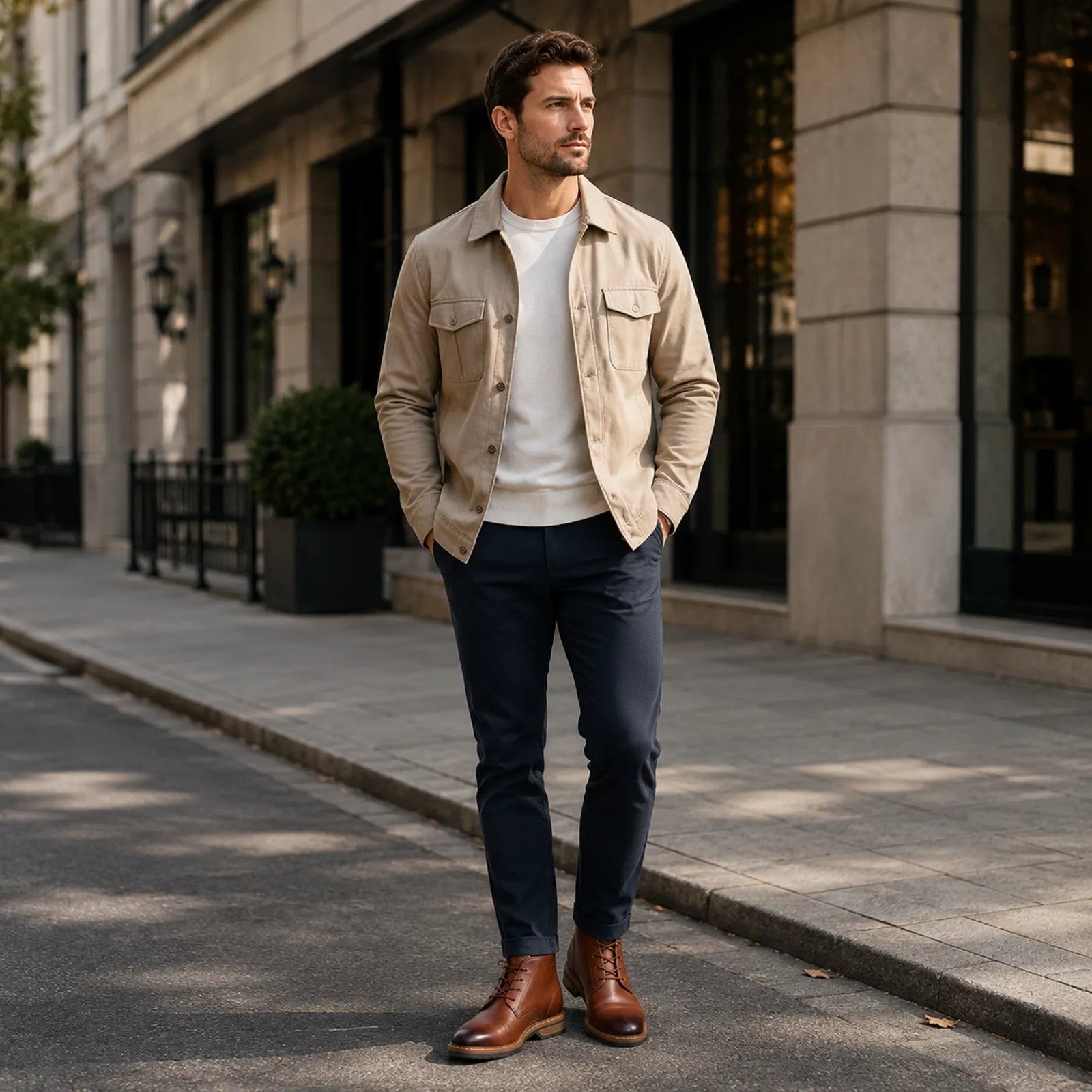 Men's brown leather chukka boots on feet, lace-up design with ankle cuff