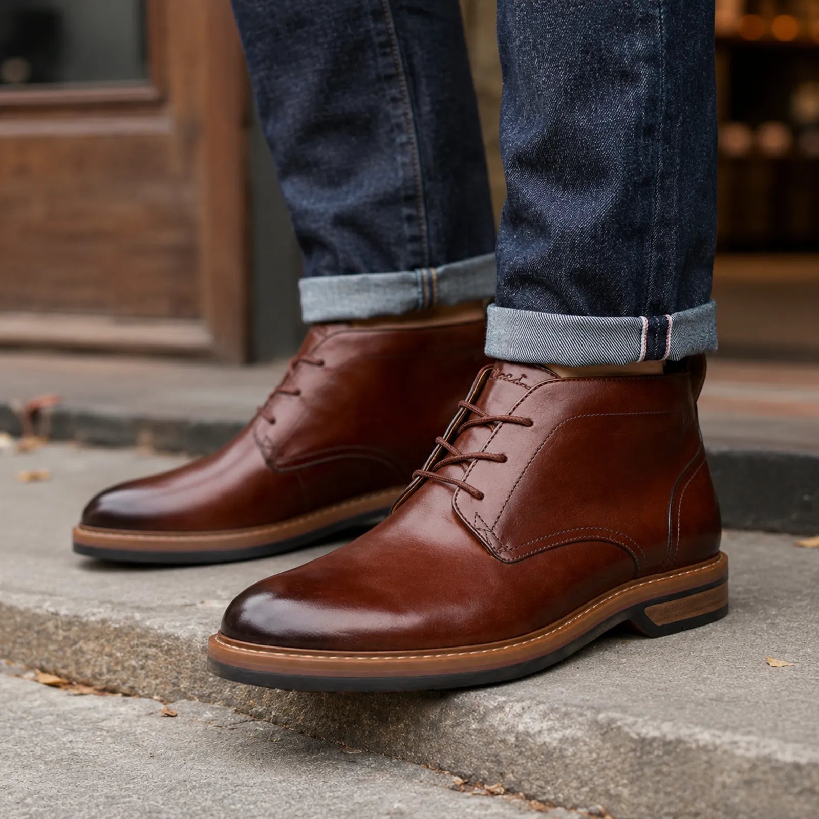 Men's brown leather chukka boots, lace-up style with rugged outsole