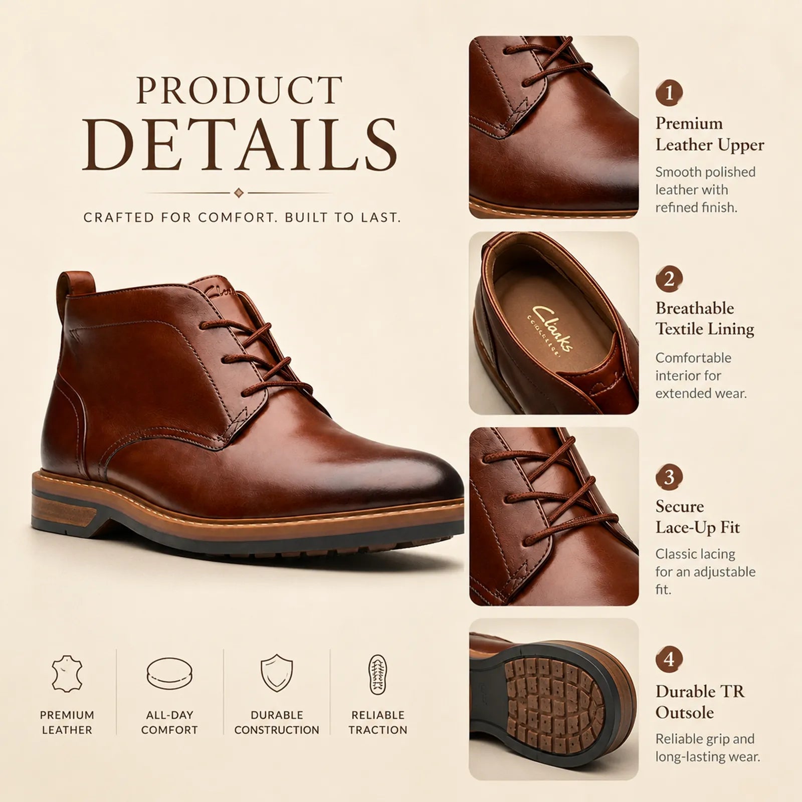 Brown leather men’s chukka boots, lace-up with stitched toe and side profile