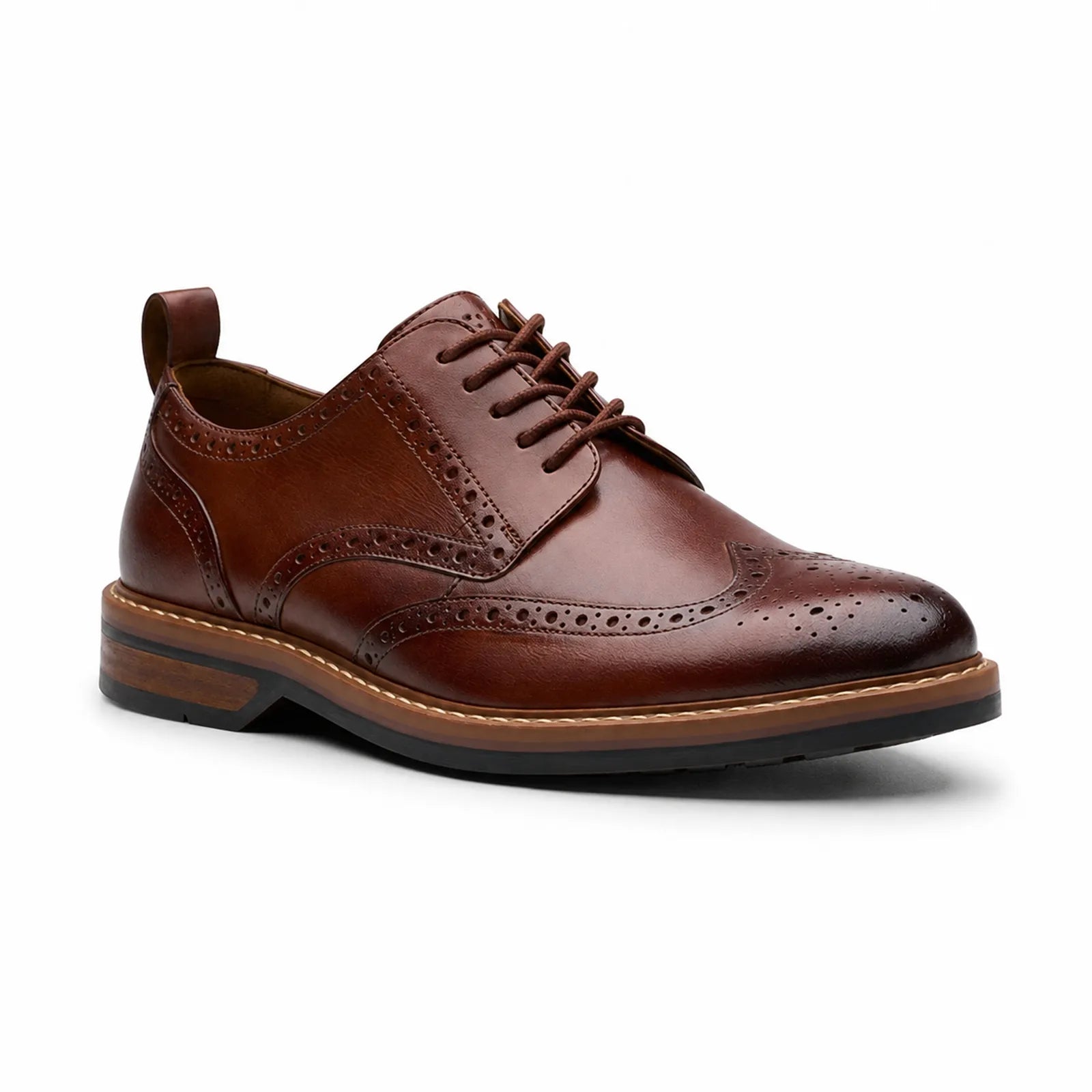 Men's brown leather Oxford-style business shoe with brogue detailing and lace-up closure