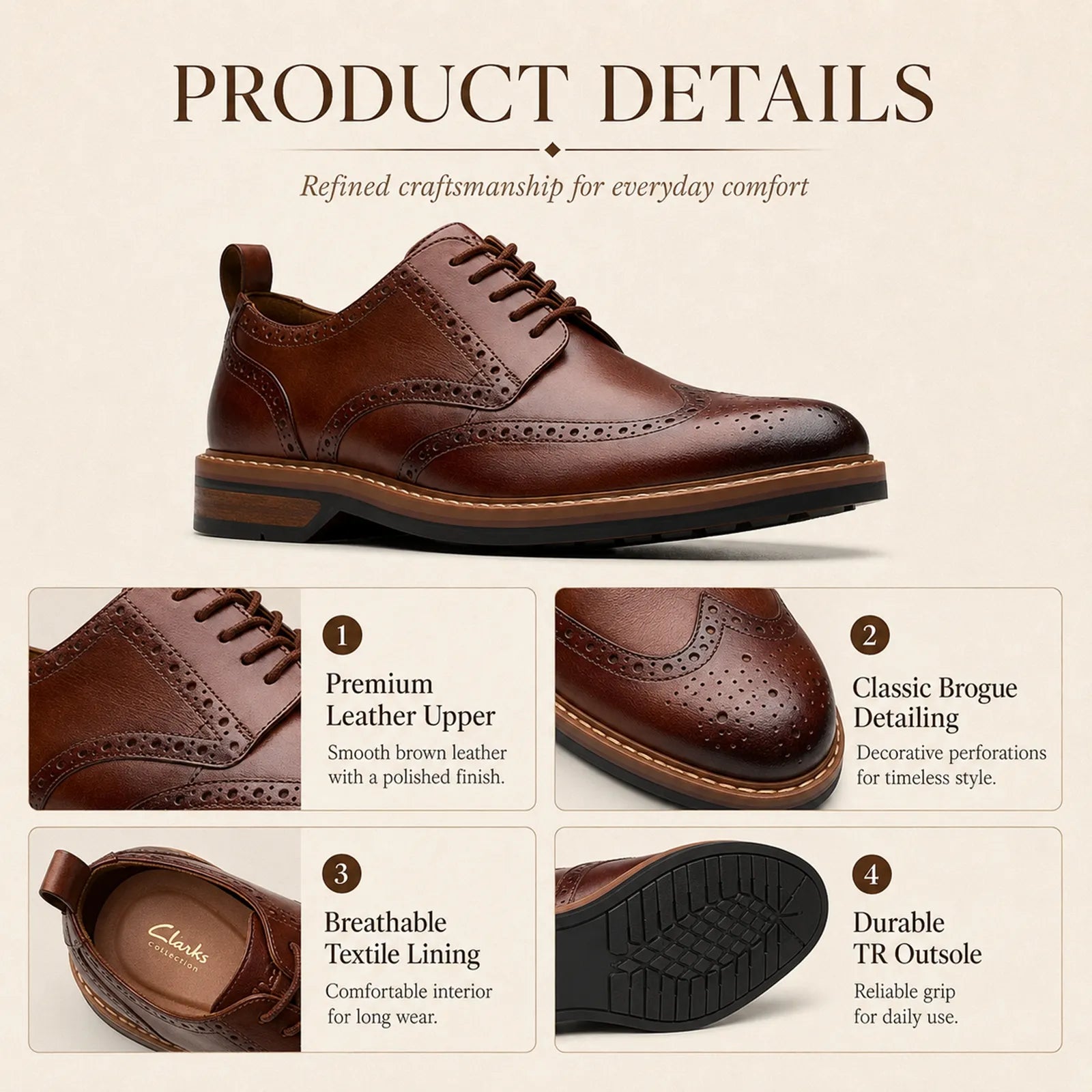 Brown leather lace-up oxford shoe with premium smooth finish and brogue toe