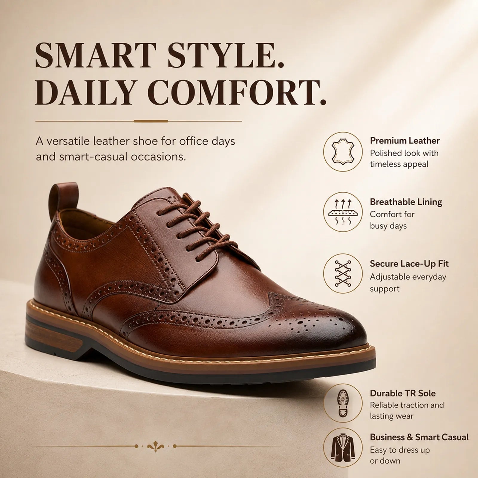 Brown leather lace-up business shoe with polished finish and durable rubber sole